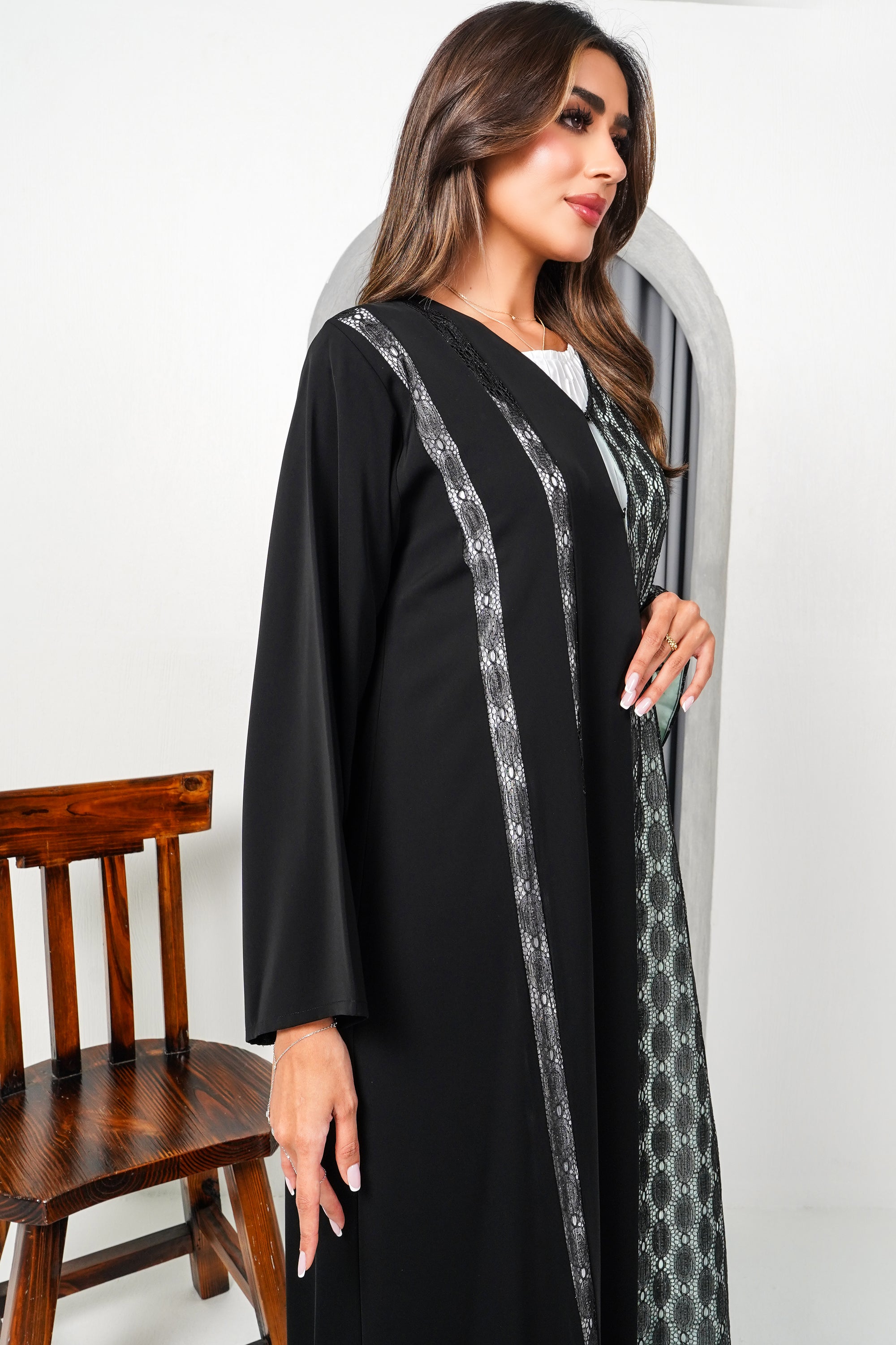 R196 Black shining Dantil  Abaya Set
