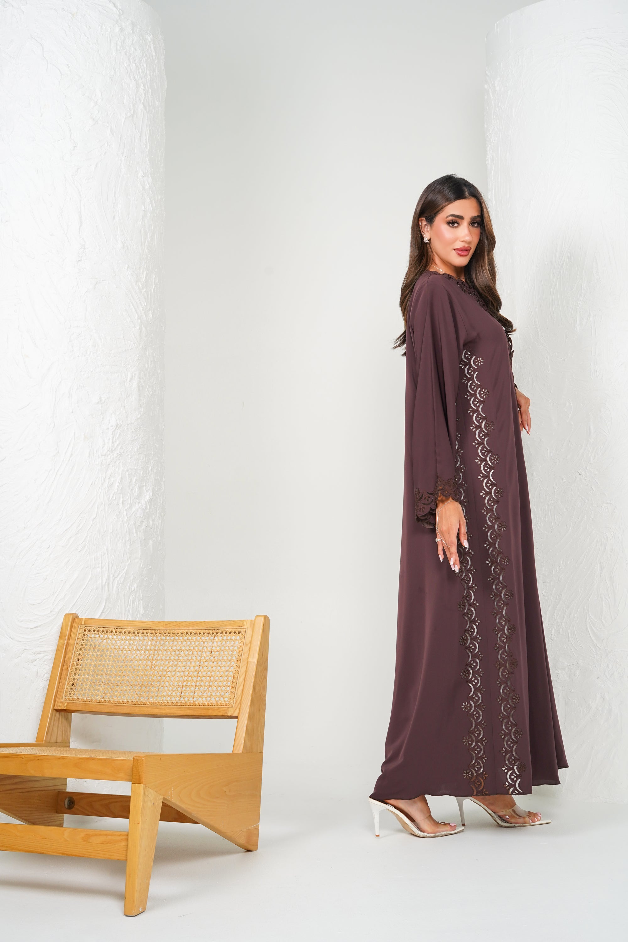 R203 Brown Laser Cut Abaya Set