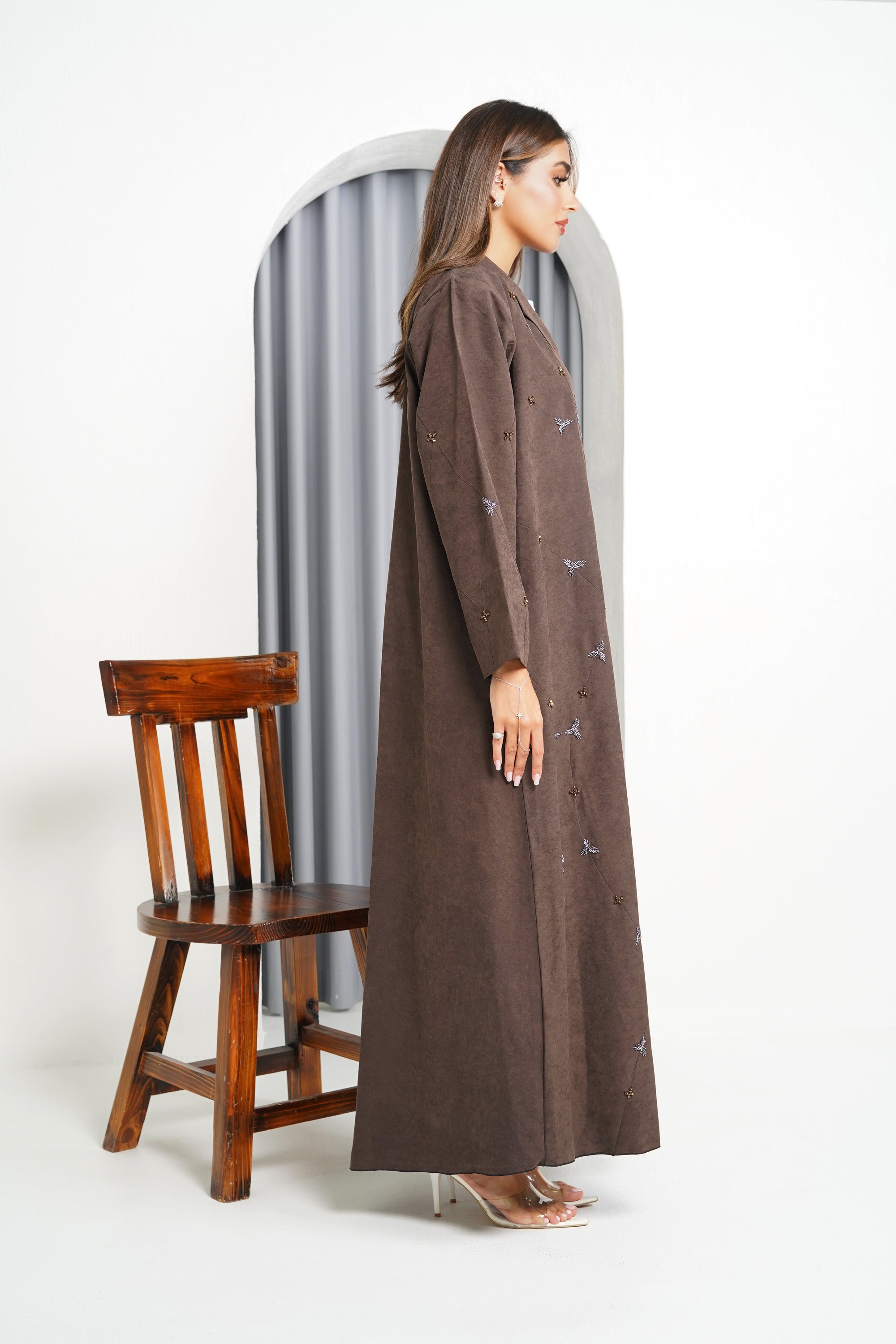 R214 Dark Brown Colour vip Abaya Set