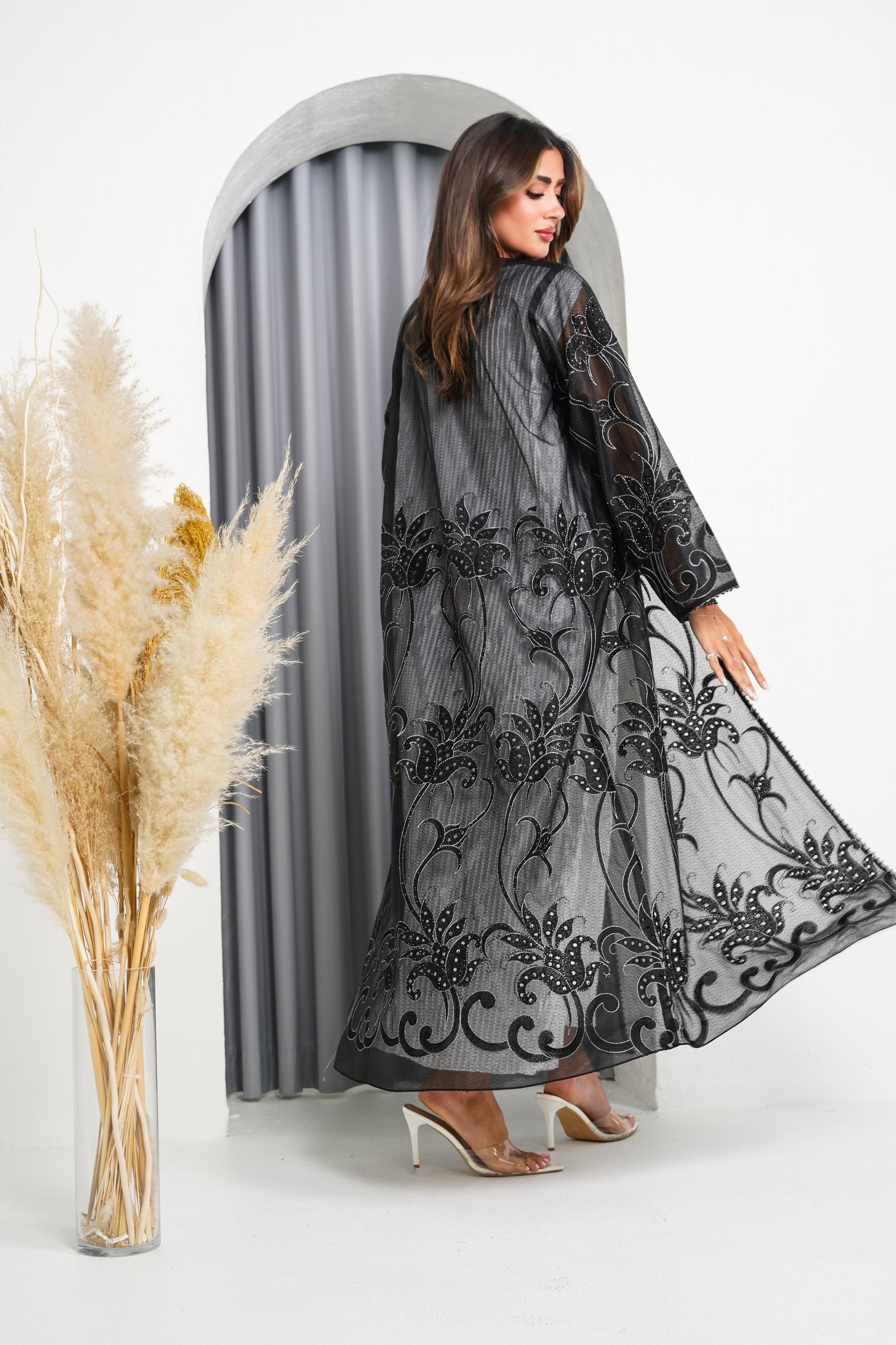 R219 Black elegant Flower Laser  Dantil Abaya Set
