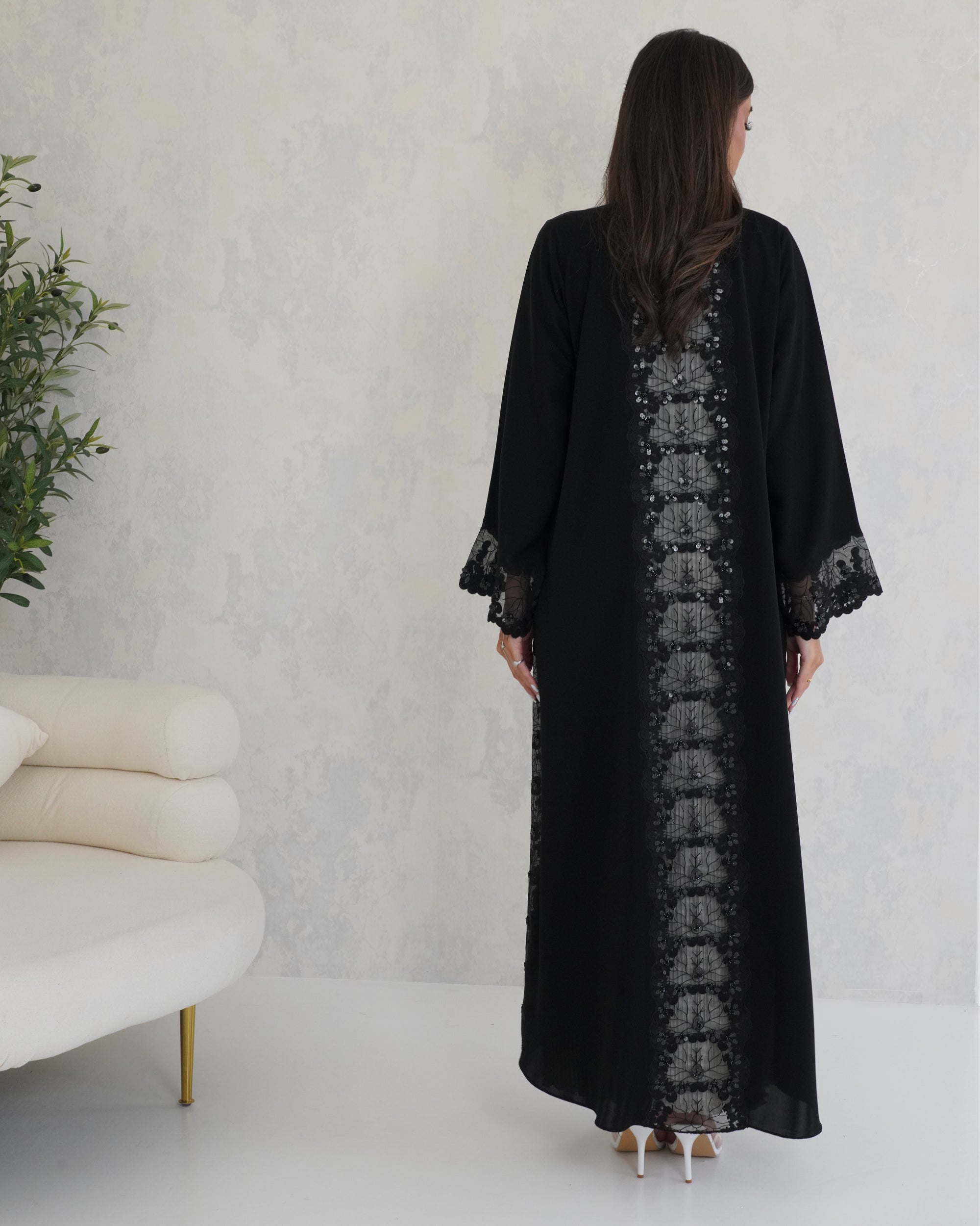 R123 Black dantel Abaya Set