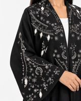 Black Satin Floral Abaya R 372 UAE | Rutba Fashion Abaya