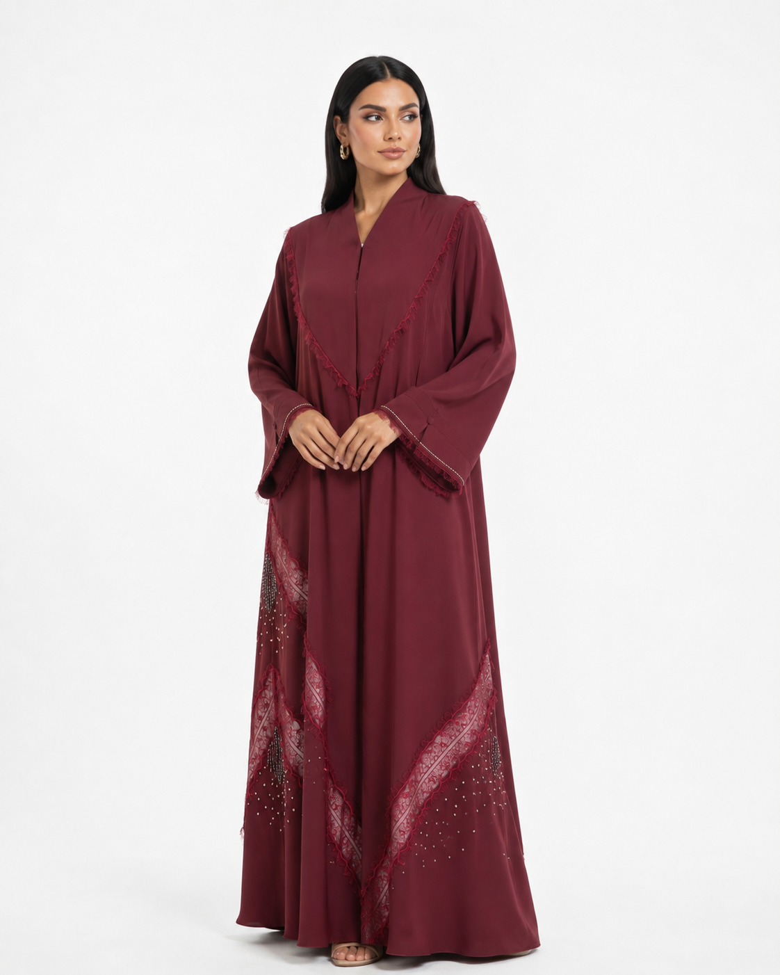 Buy Burgundy Beaded Abaya R358 - Lace Abaya - Rutba Fashion Abaya