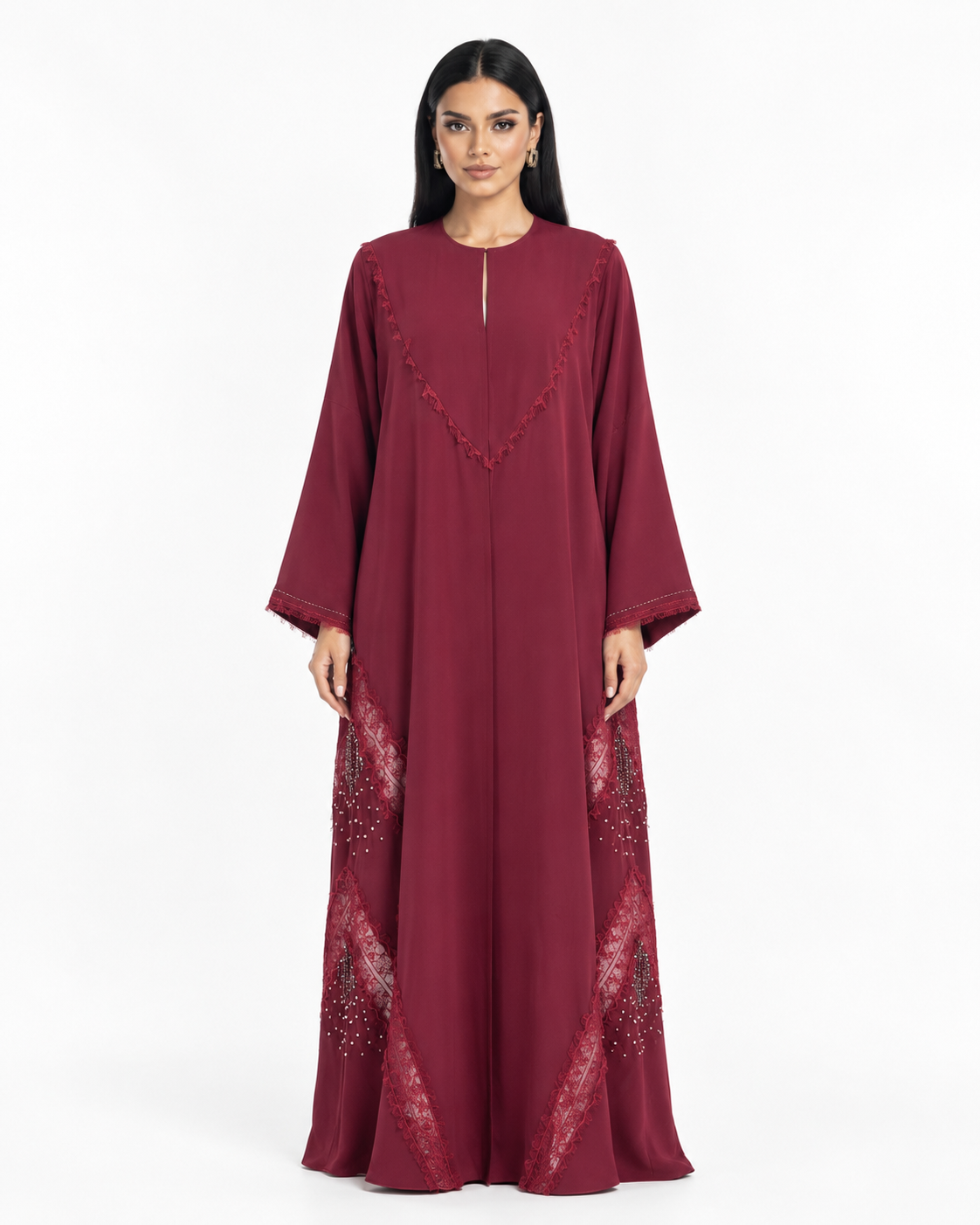 Buy Burgundy Beaded Abaya R358 - Lace Abaya - Rutba Fashion Abaya