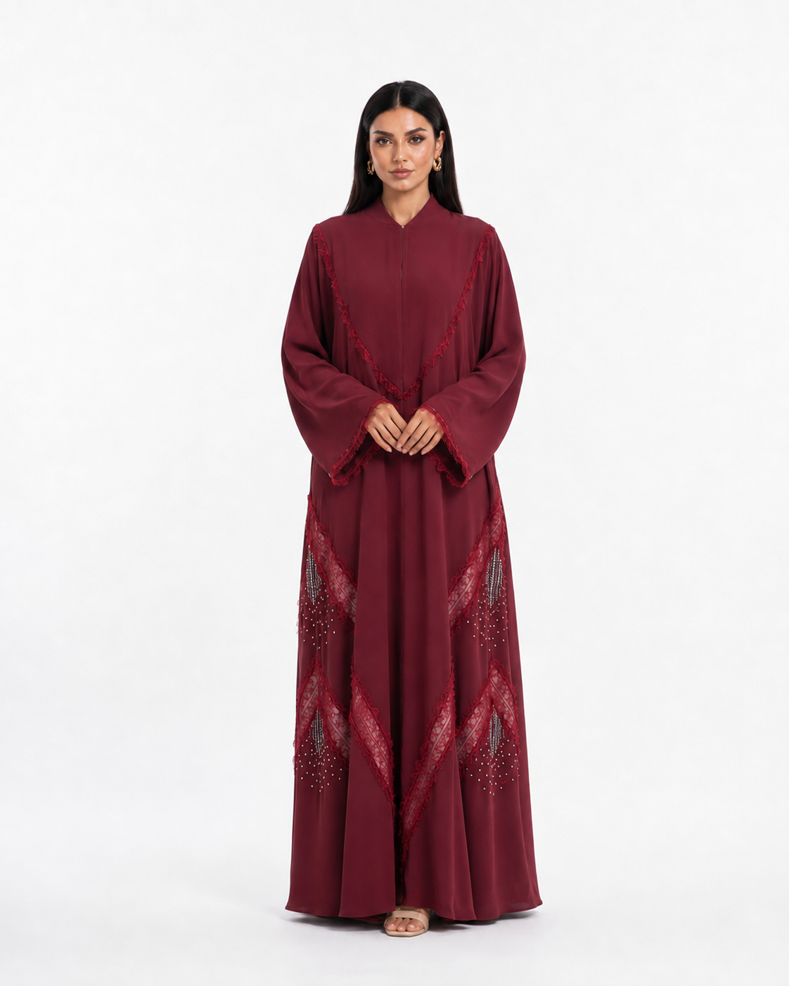 Buy Burgundy Beaded Abaya R358 - Lace Abaya - Rutba Fashion Abaya