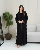 R235 black abaya UAE dantel flower design