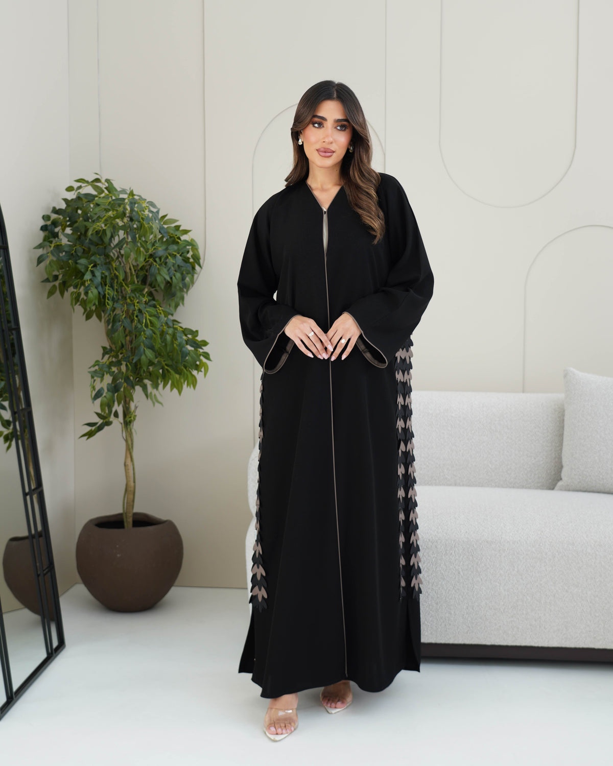 R235 black abaya UAE dantel flower design