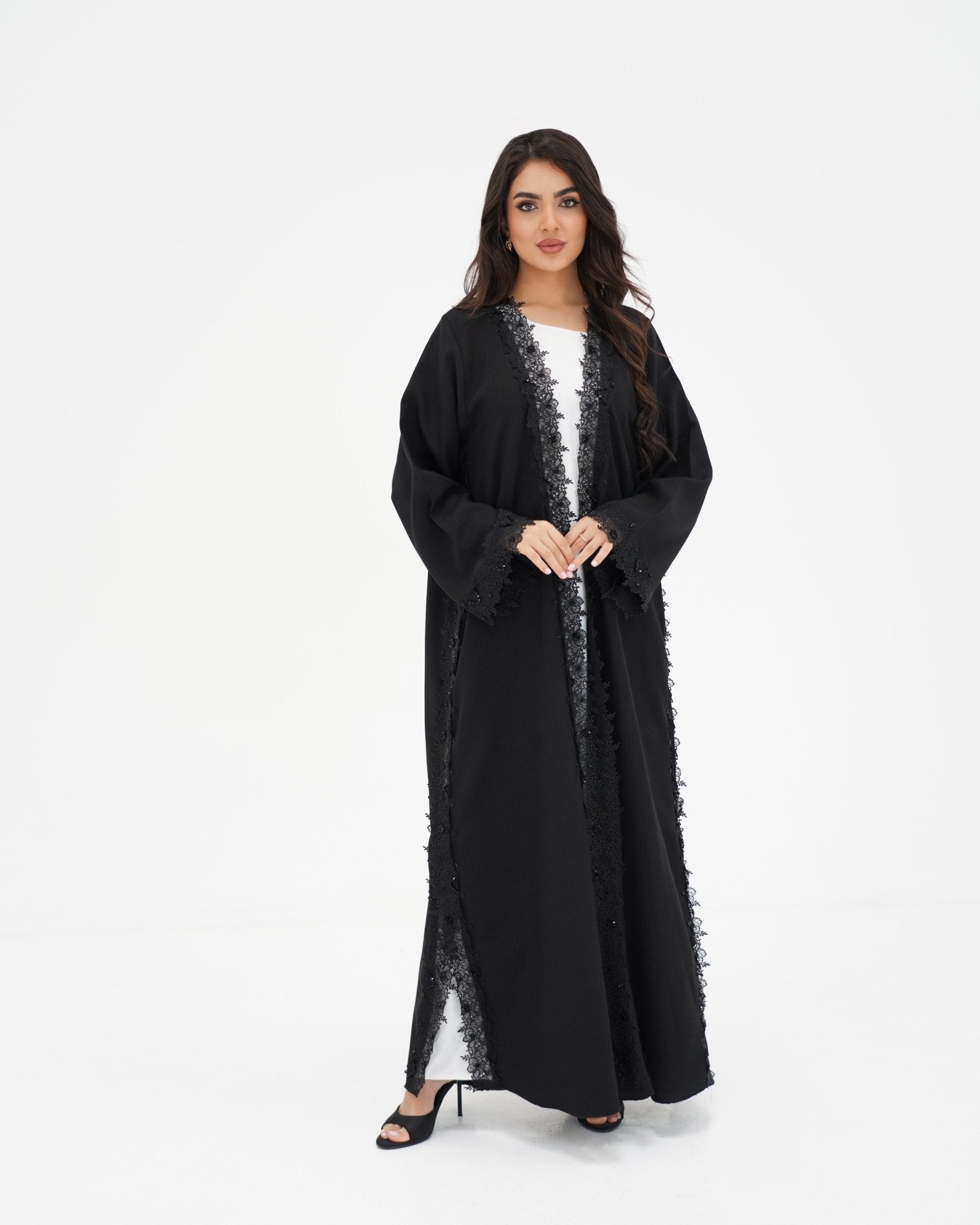R 334 Black 3D LaserCut Floral Lace Abaya Abaya for Women UAE – Abaya – Rutba Fashion Abaya