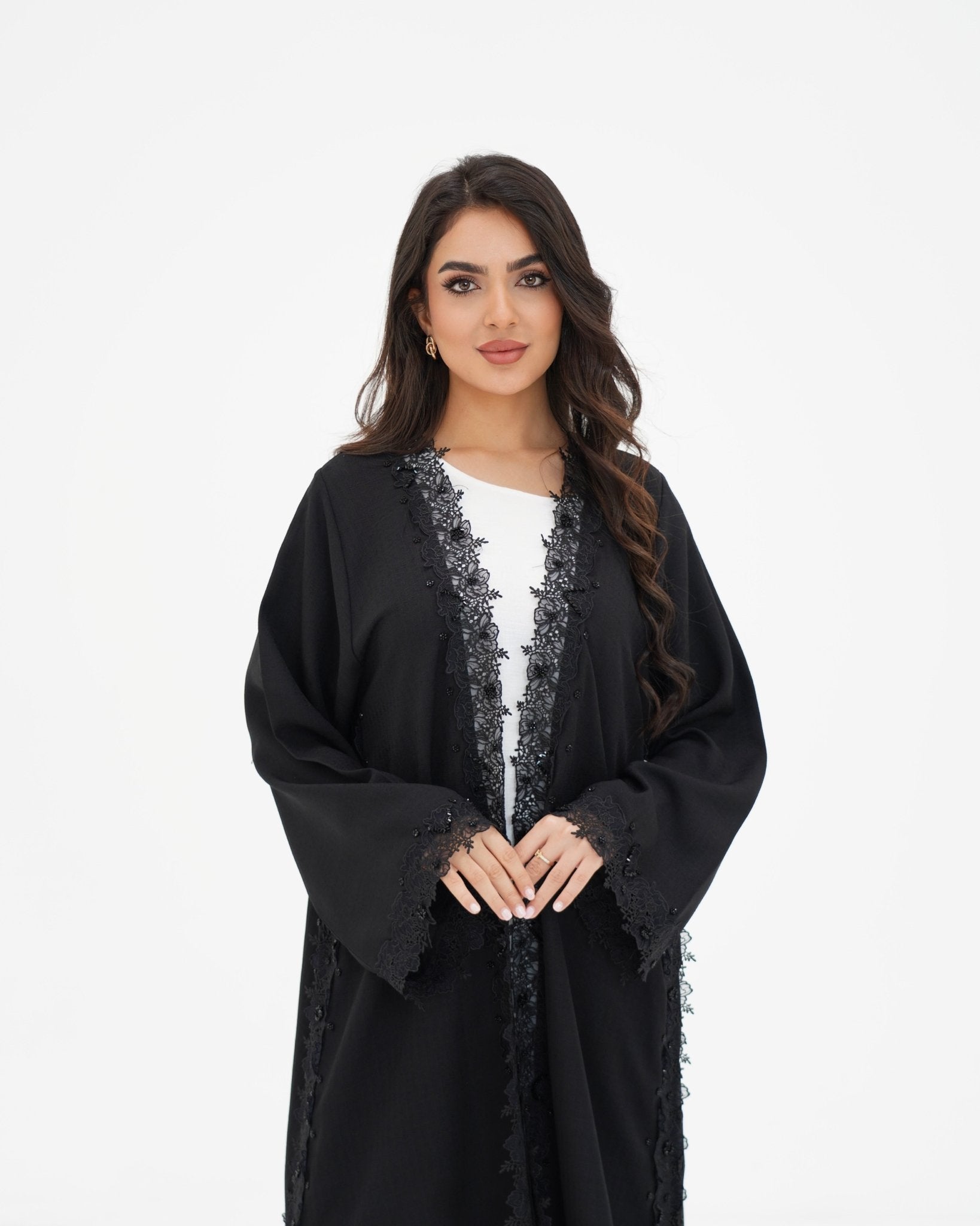 R 334 Black 3D LaserCut Floral Lace Abaya Abaya for Women UAE – Abaya – Rutba Fashion Abaya