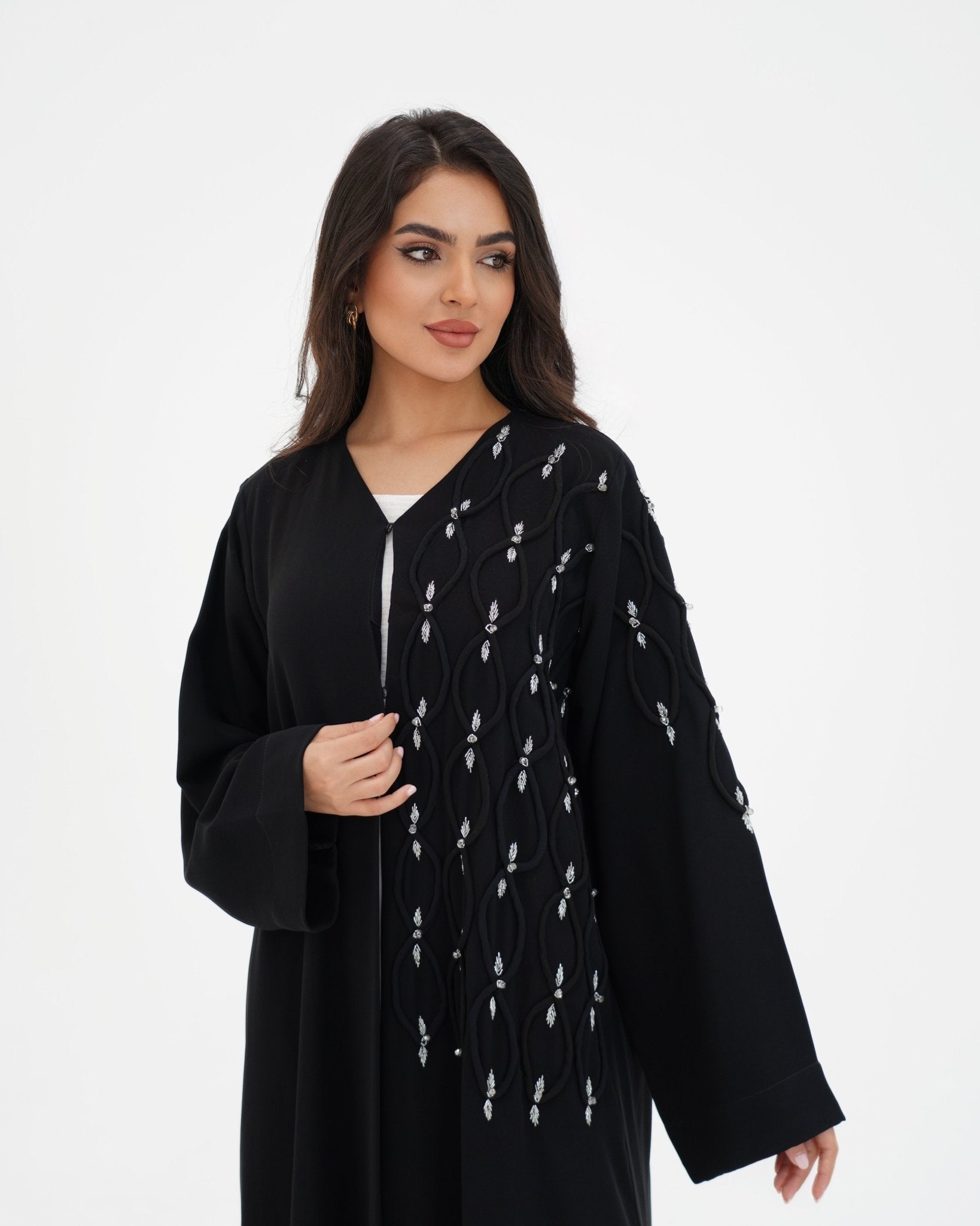 R 338 Black Abaya with White Beadwork Abaya for Women UAE – Abaya – Rutba Fashion Abaya
