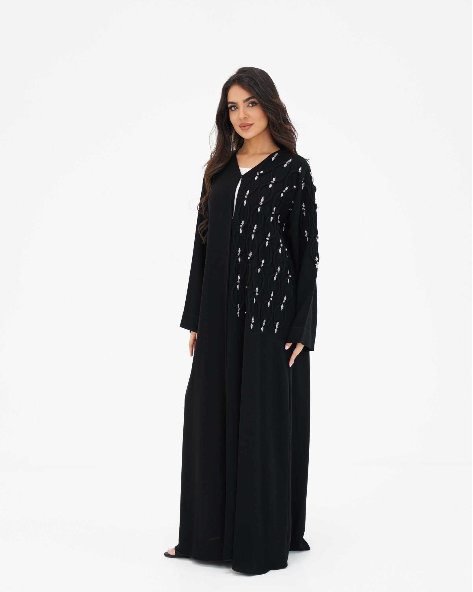 R 338 Black Abaya with White Beadwork Abaya for Women UAE – Abaya – Rutba Fashion Abaya