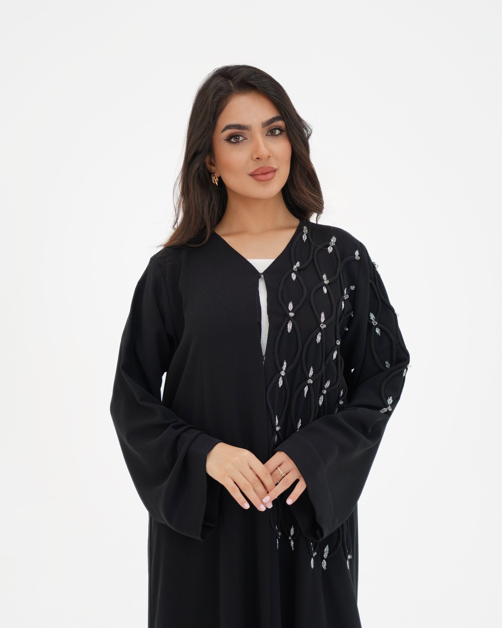 R 338 Black Abaya with White Beadwork Abaya for Women UAE – Abaya – Rutba Fashion Abaya