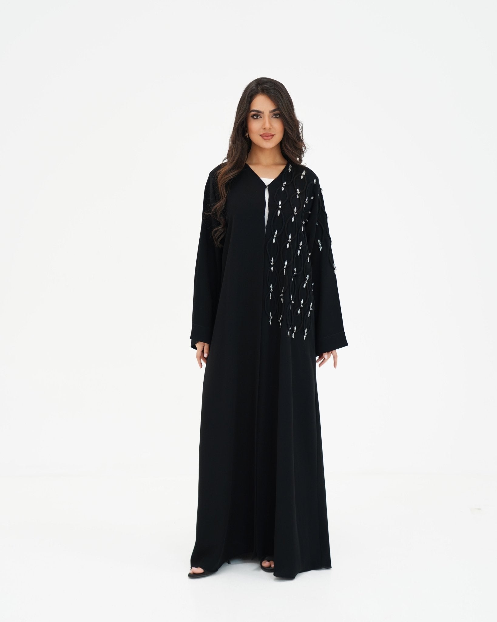 R 338 Black Abaya with White Beadwork Abaya for Women UAE – Abaya – Rutba Fashion Abaya