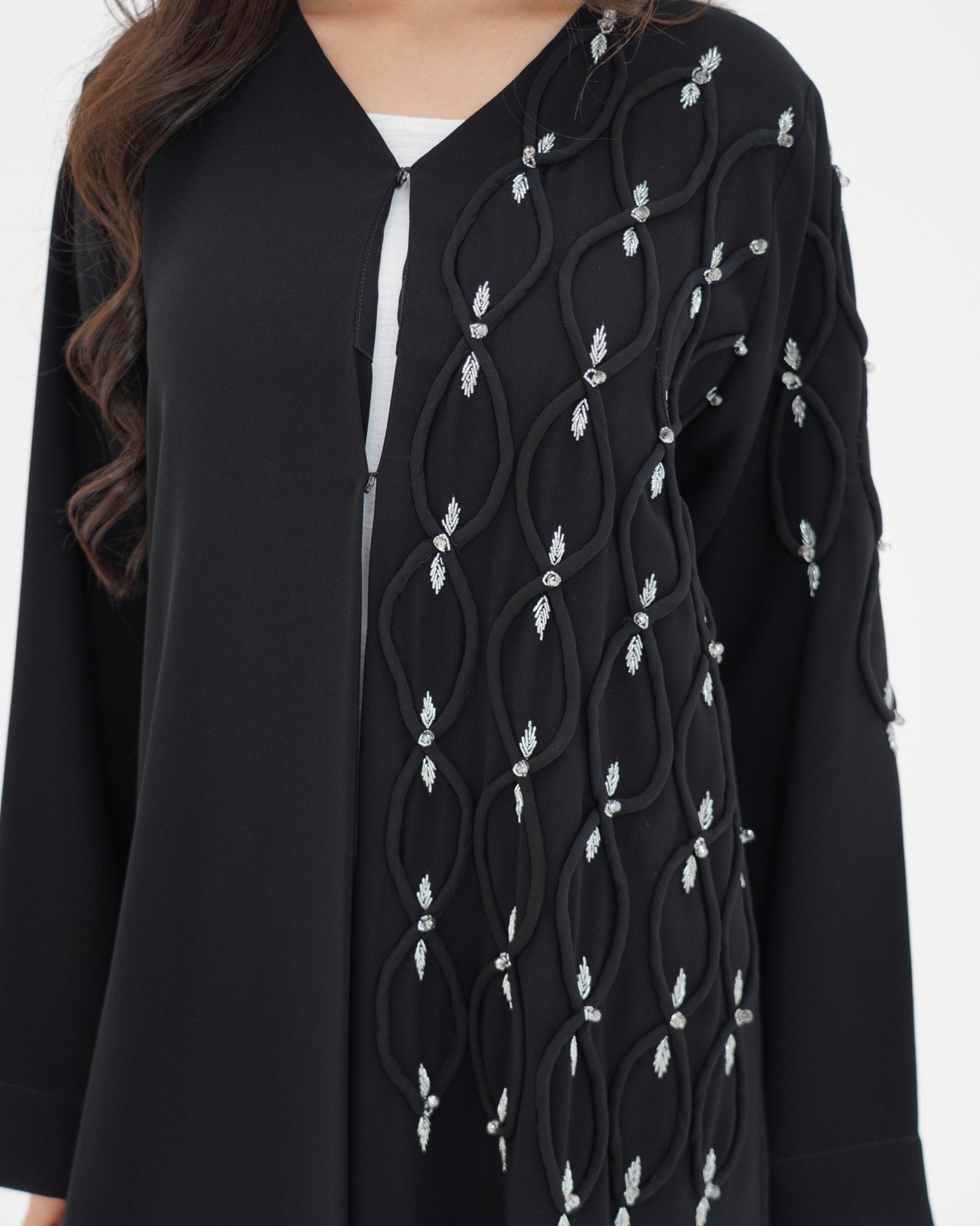 R 338 Black Abaya with White Beadwork Abaya for Women UAE – Abaya – Rutba Fashion Abaya