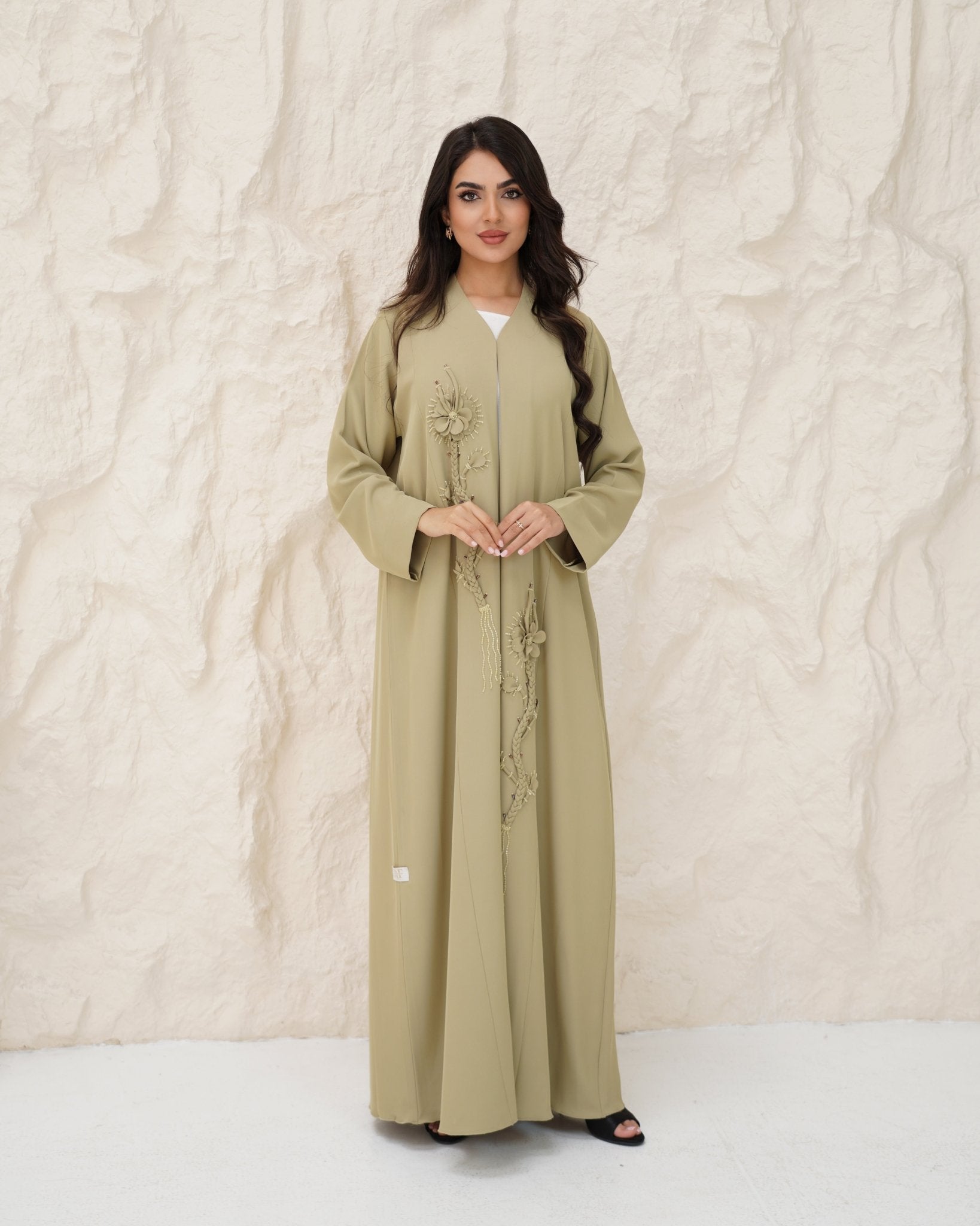 R 339 Light Olive-Beige Floral Beaded Abaya Abaya for Women UAE – Abaya – Rutba Fashion Abaya