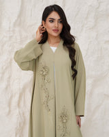R 339 Light Olive-Beige Floral Beaded Abaya Abaya for Women UAE – Abaya – Rutba Fashion Abaya
