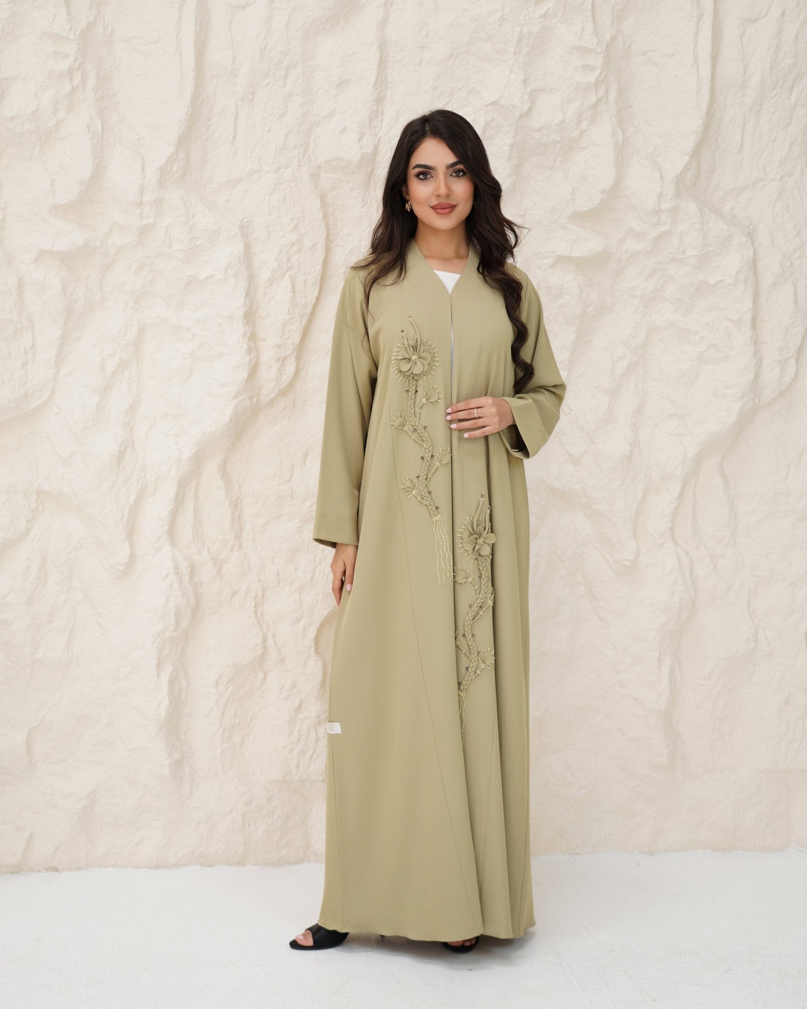 R 339 Light Olive-Beige Floral Beaded Abaya Abaya for Women UAE – Abaya – Rutba Fashion Abaya