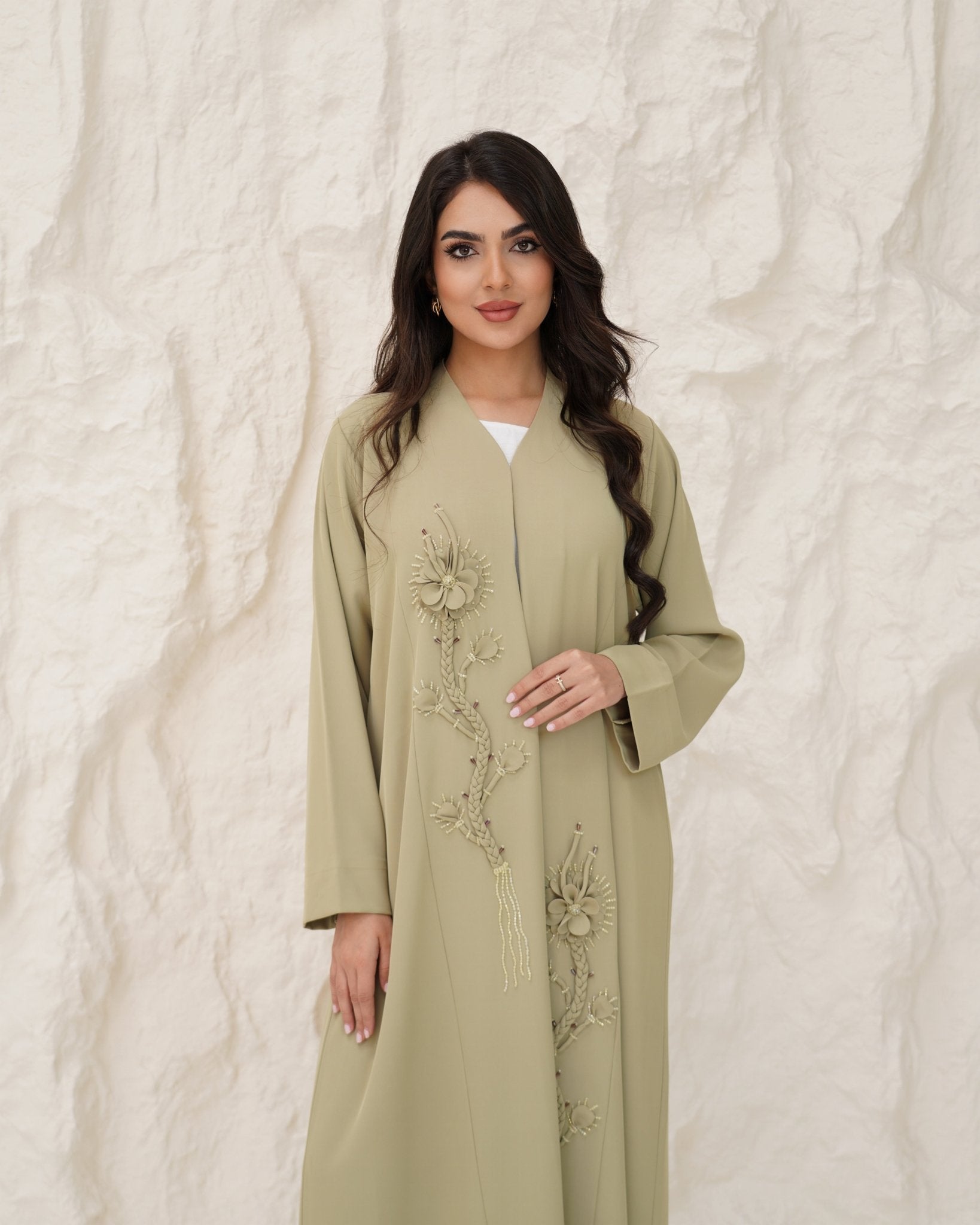 R 339 Light Olive-Beige Floral Beaded Abaya Abaya for Women UAE – Abaya – Rutba Fashion Abaya
