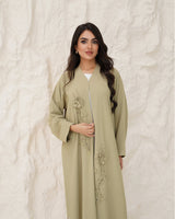 R 339 Light Olive-Beige Floral Beaded Abaya Abaya for Women UAE – Abaya – Rutba Fashion Abaya