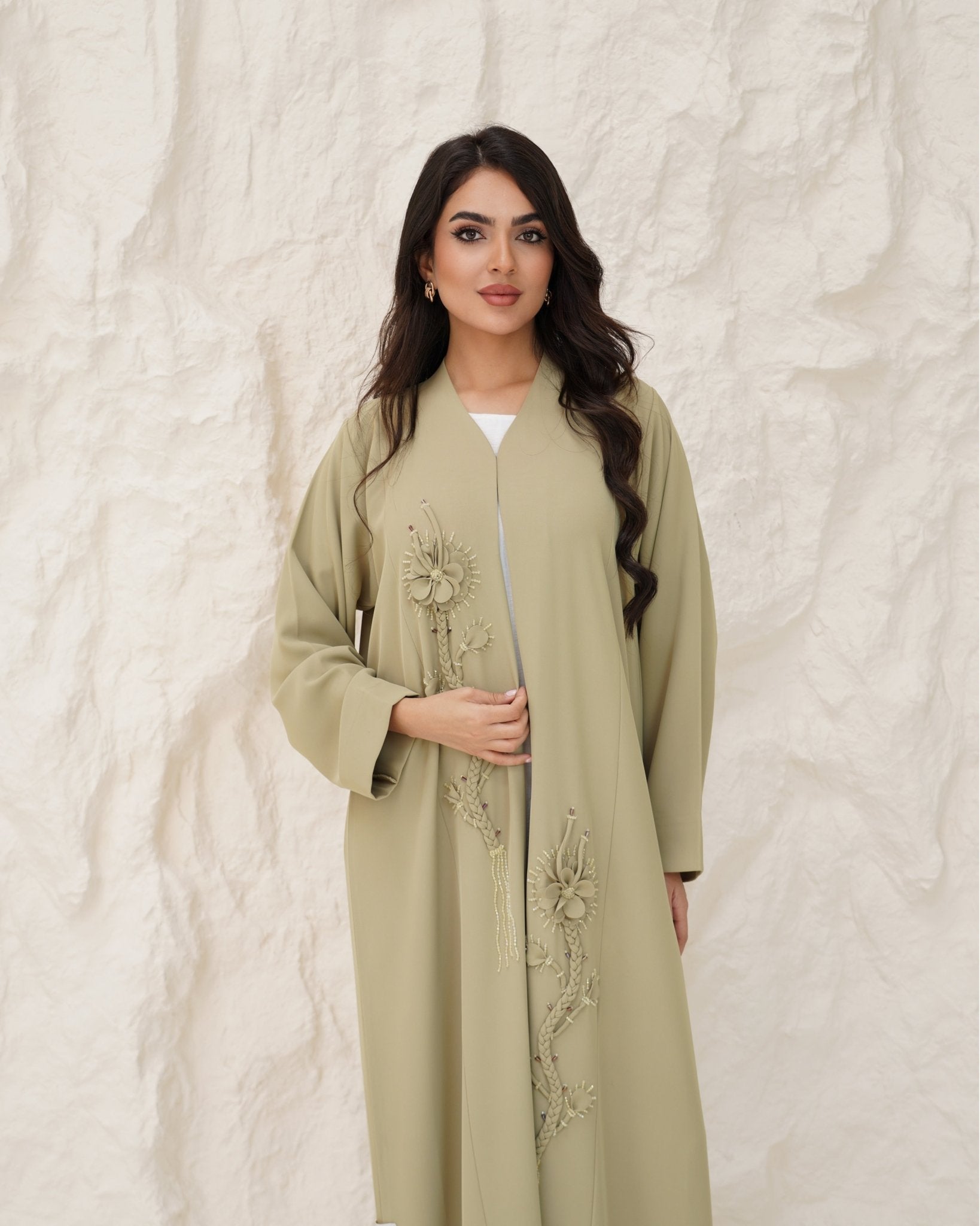 R 339 Light Olive-Beige Floral Beaded Abaya Abaya for Women UAE – Abaya – Rutba Fashion Abaya