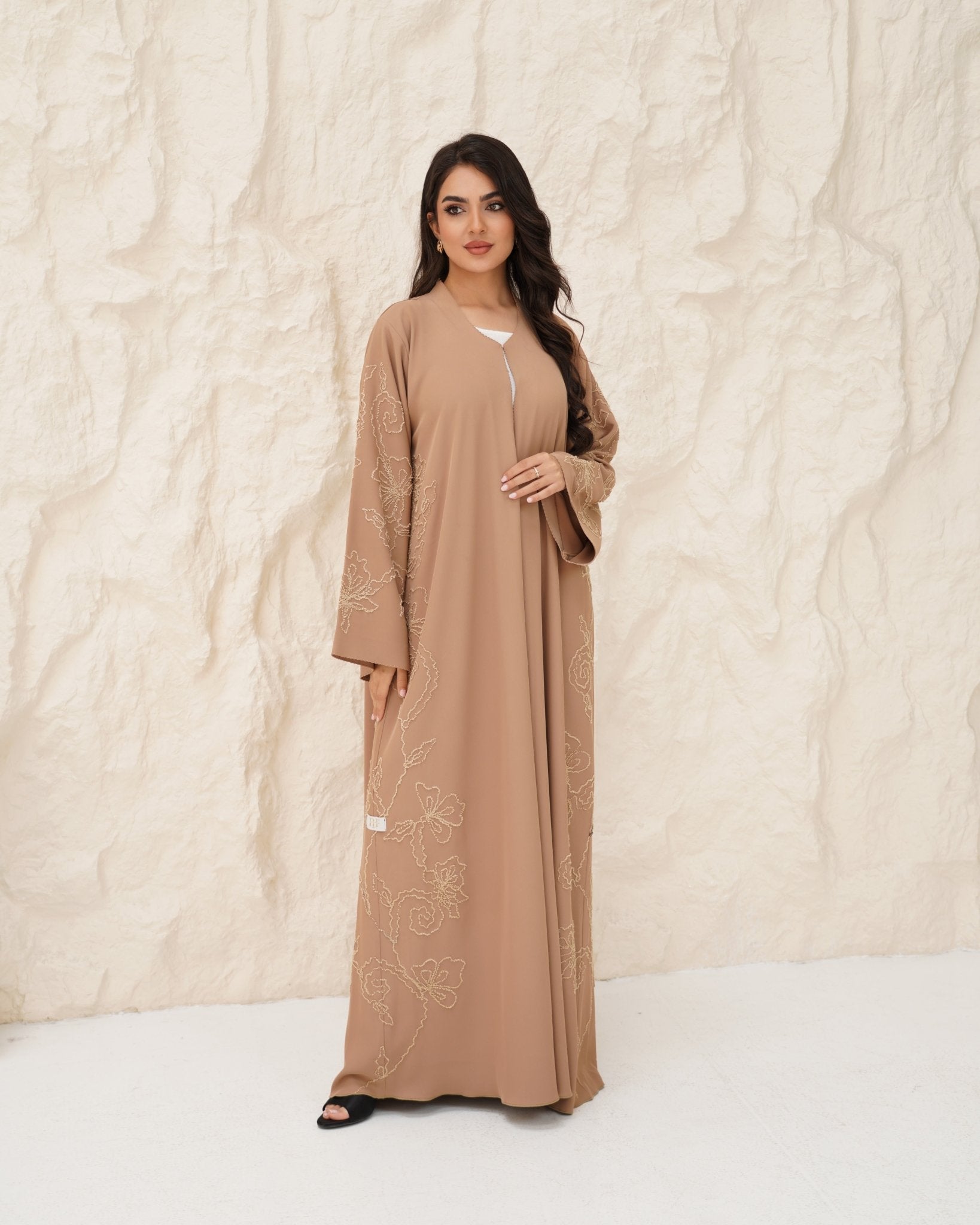 R 343 Light Brown Premium Aari 3D Embroidery Abaya Abaya for Women UAE – Abaya – Rutba Fashion Abaya