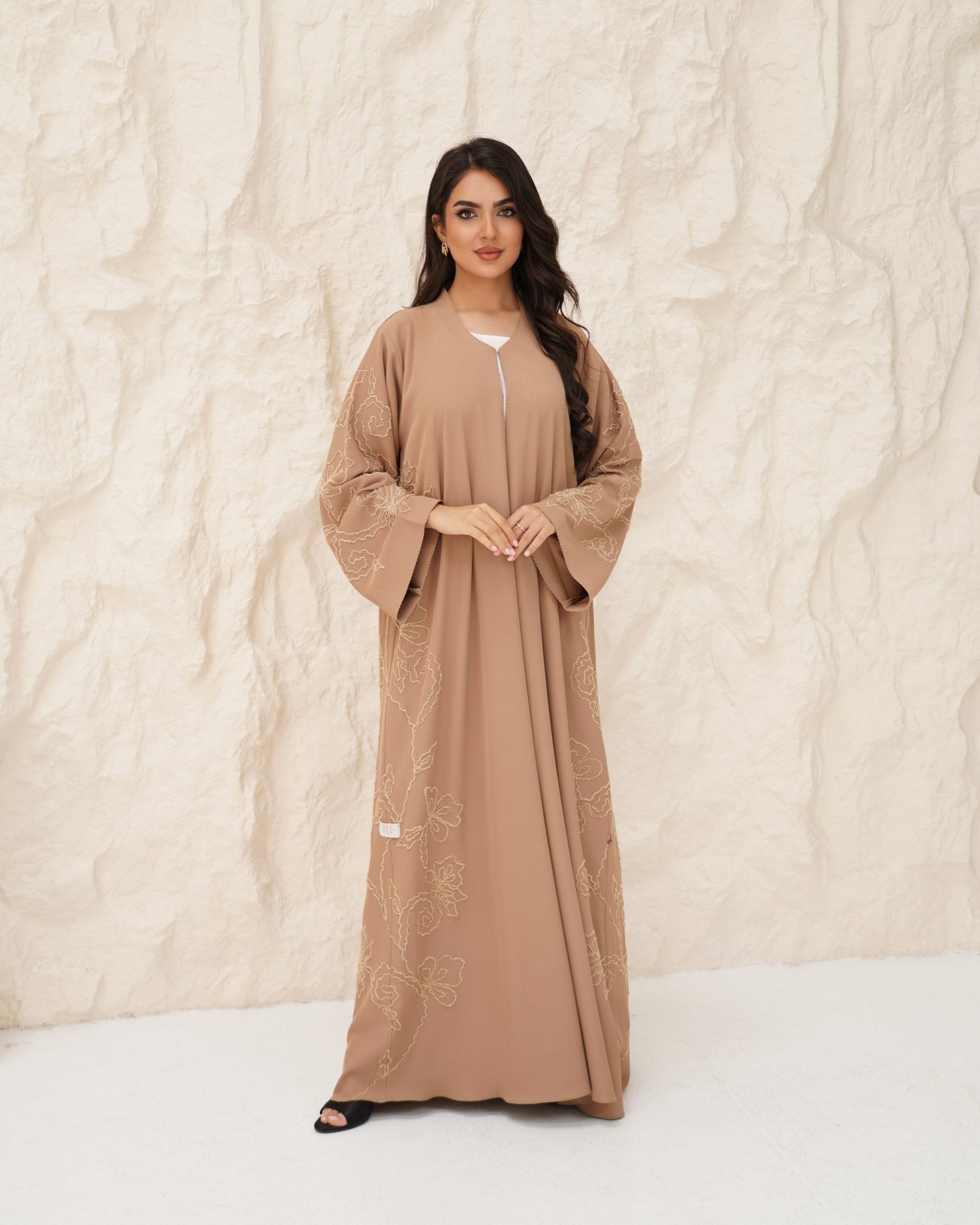 R 343 Light Brown Premium Aari 3D Embroidery Abaya Abaya for Women UAE – Abaya – Rutba Fashion Abaya