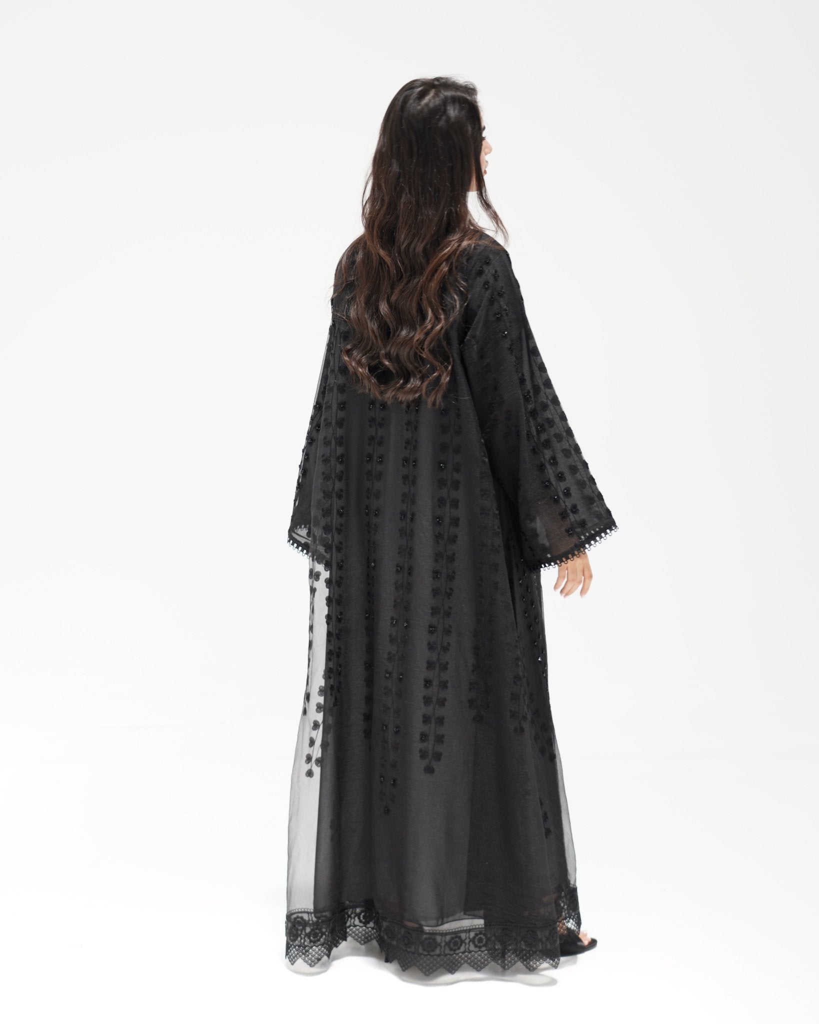 R 346 Black Aari Embroidery Organza Abaya Abaya for Women UAE – Abaya – Rutba Fashion Abaya
