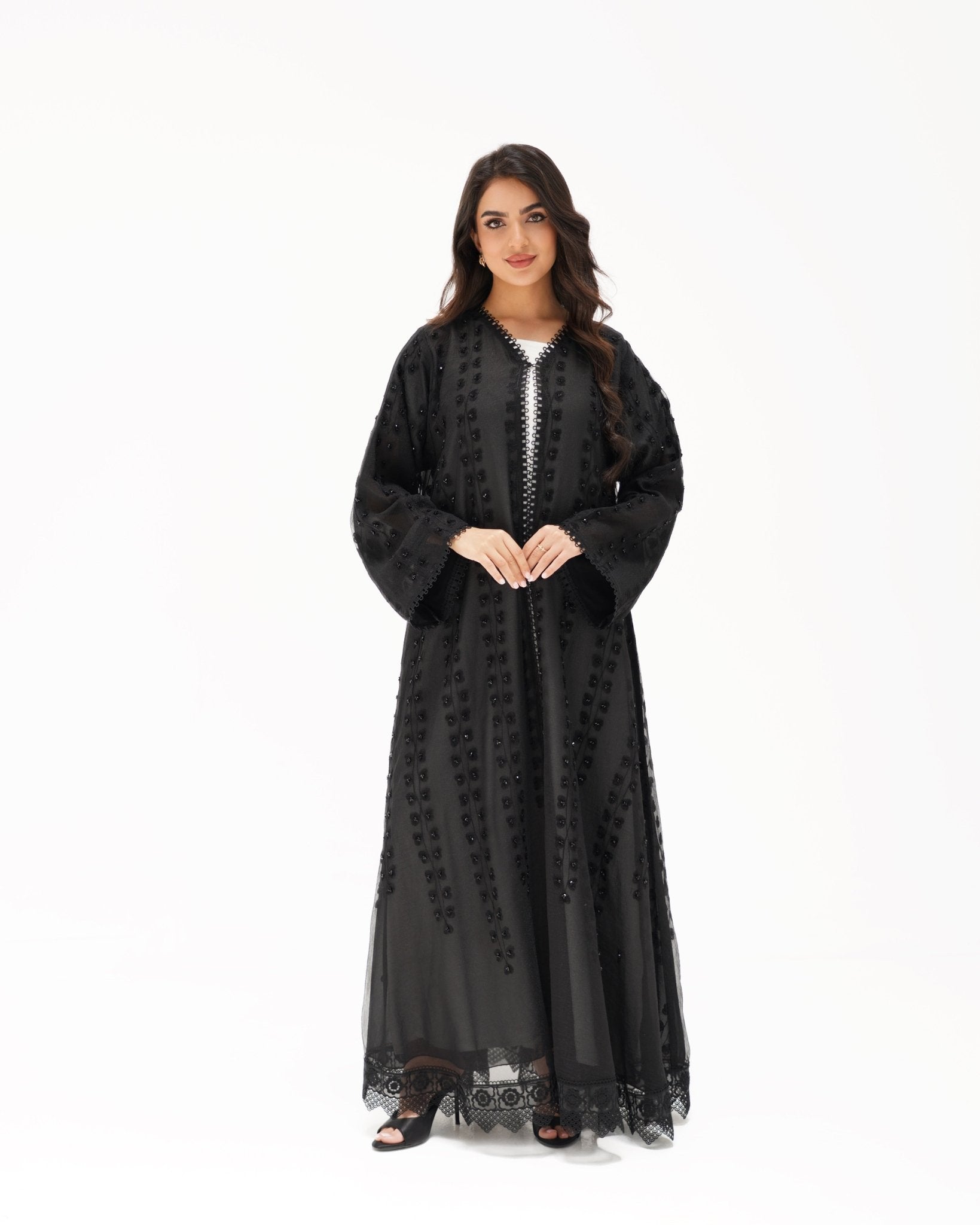 R 346 Black Aari Embroidery Organza Abaya Abaya for Women UAE – Abaya – Rutba Fashion Abaya