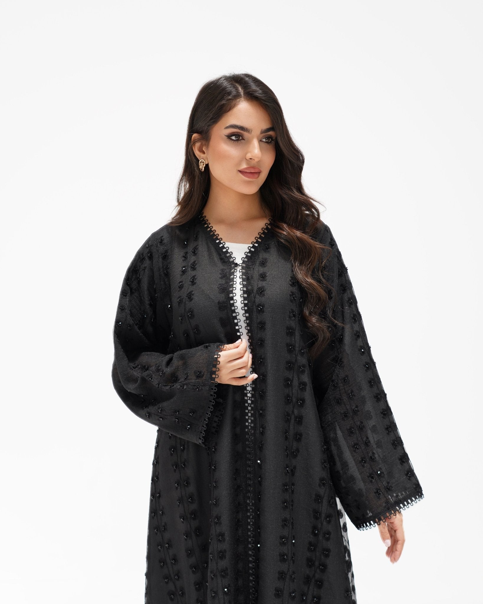 R 346 Black Aari Embroidery Organza Abaya Abaya for Women UAE – Abaya – Rutba Fashion Abaya
