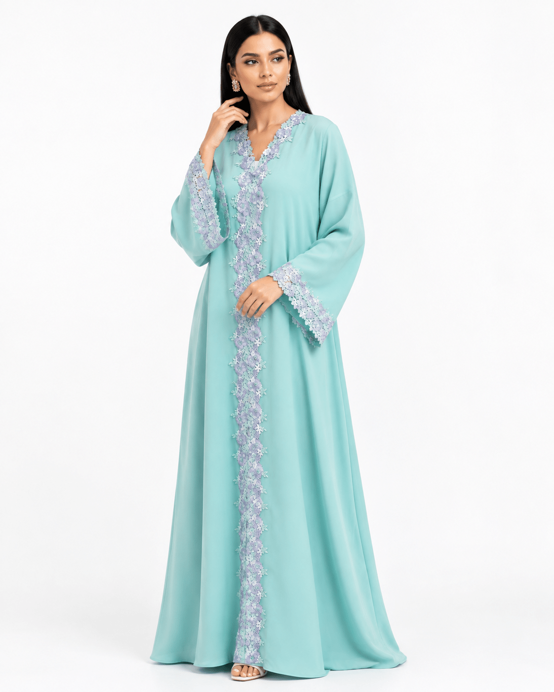 R 360 Mint Aqua Floral Lace Abaya Abaya for Women UAE – Abaya – Rutba Fashion Abaya