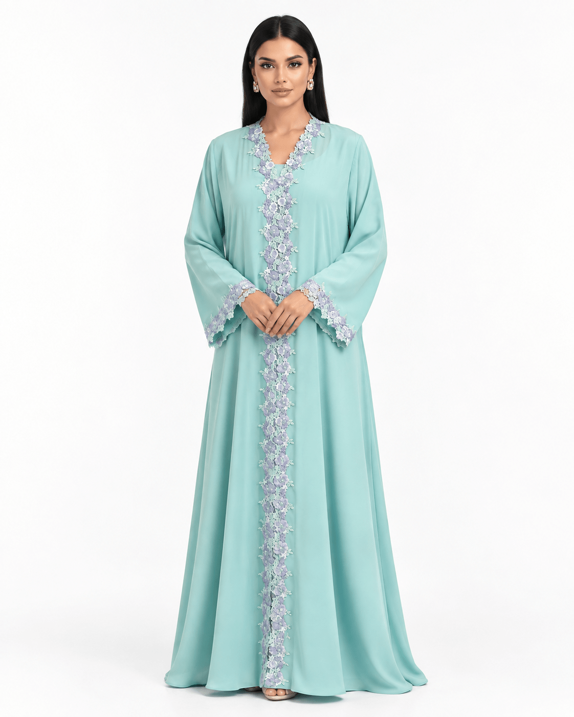 R 360 Mint Aqua Floral Lace Abaya Abaya for Women UAE – Abaya – Rutba Fashion Abaya