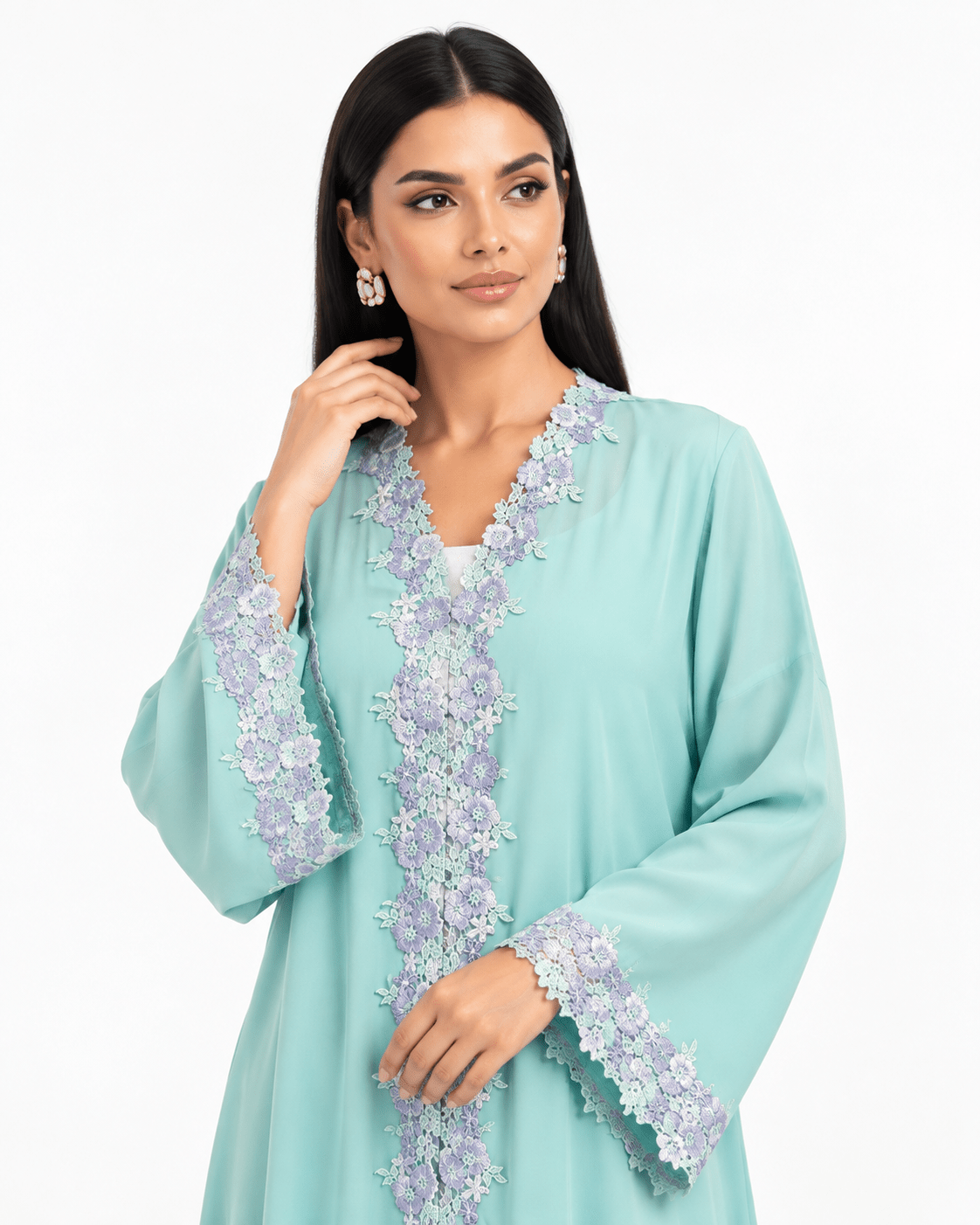 R 360 Mint Aqua Floral Lace Abaya Abaya for Women UAE – Abaya – Rutba Fashion Abaya
