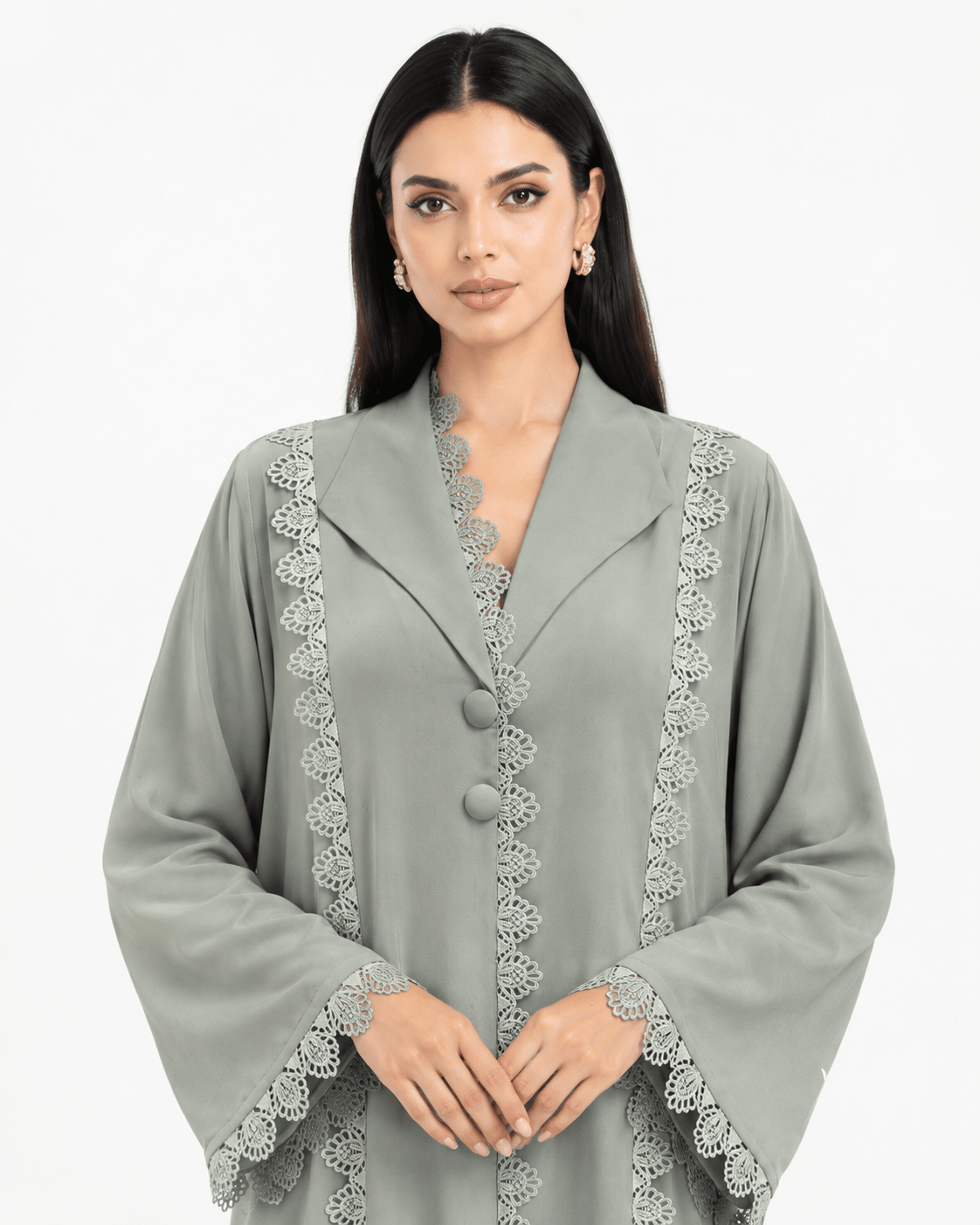 R 364 Soft Sage-Grey Lace Abaya Abaya for Women UAE – Abaya – Rutba Fashion Abaya