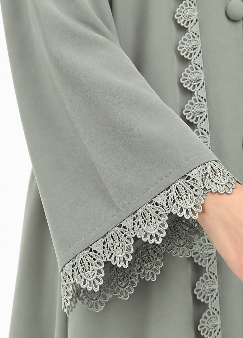 R 364 Soft Sage-Grey Lace Abaya Abaya for Women UAE – Abaya – Rutba Fashion Abaya
