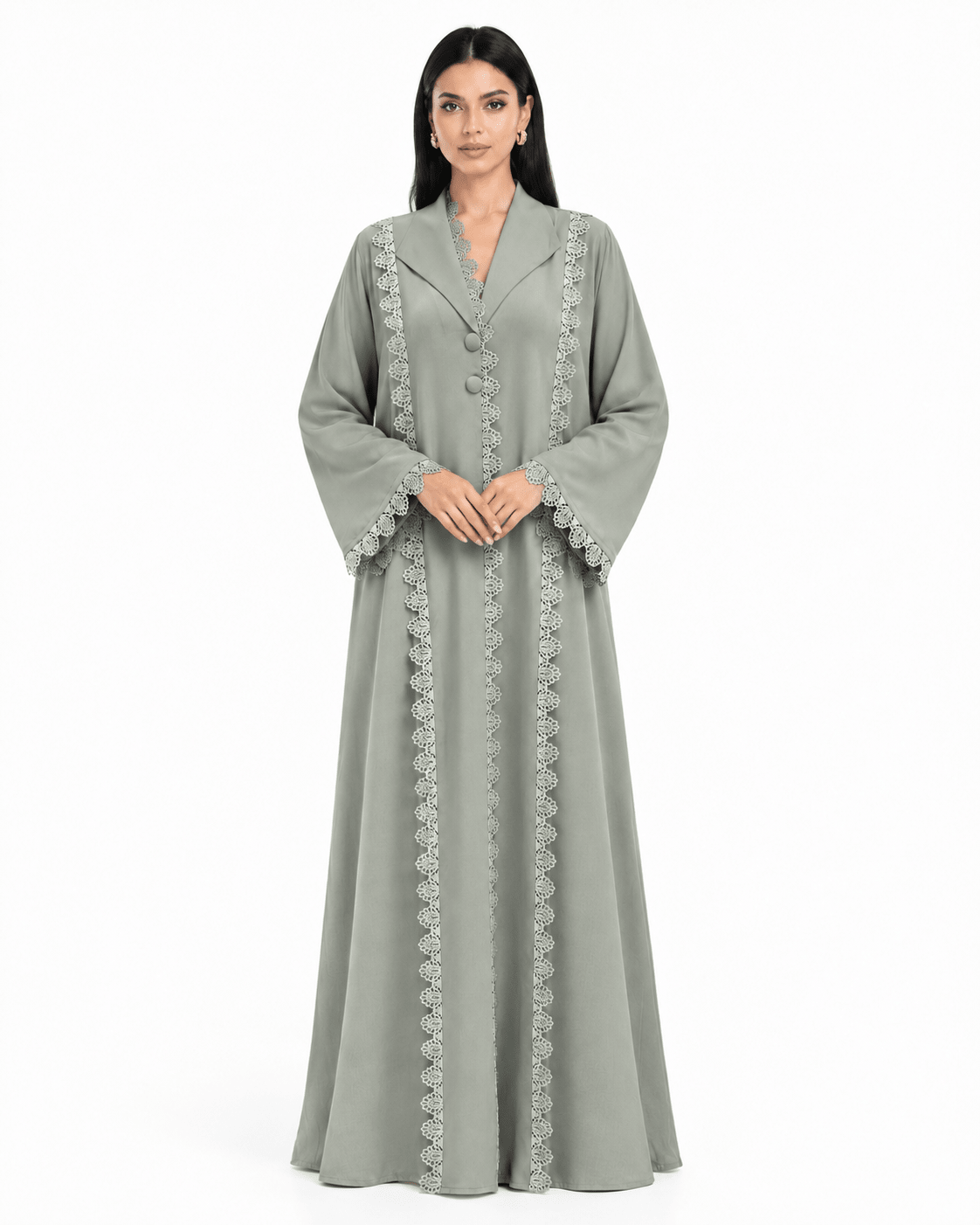 R 364 Soft Sage-Grey Lace Abaya Abaya for Women UAE – Abaya – Rutba Fashion Abaya