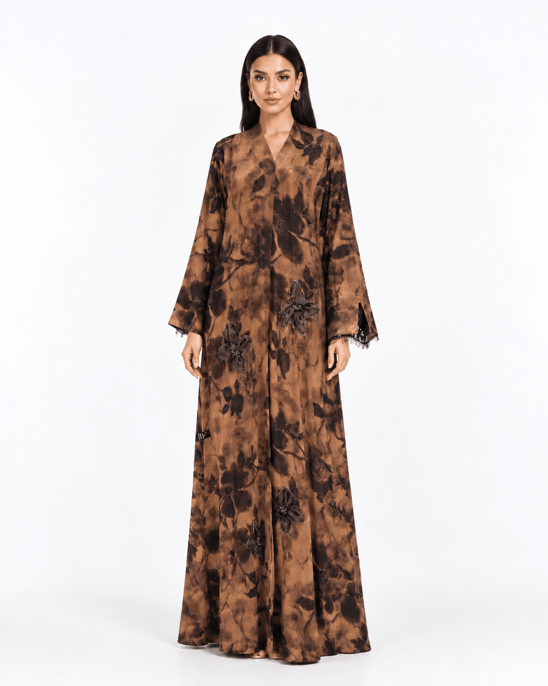 R 367 Rich Caramel-Brown Floral Printed Abaya Abaya for Women UAE – Abaya – Rutba Fashion Abaya