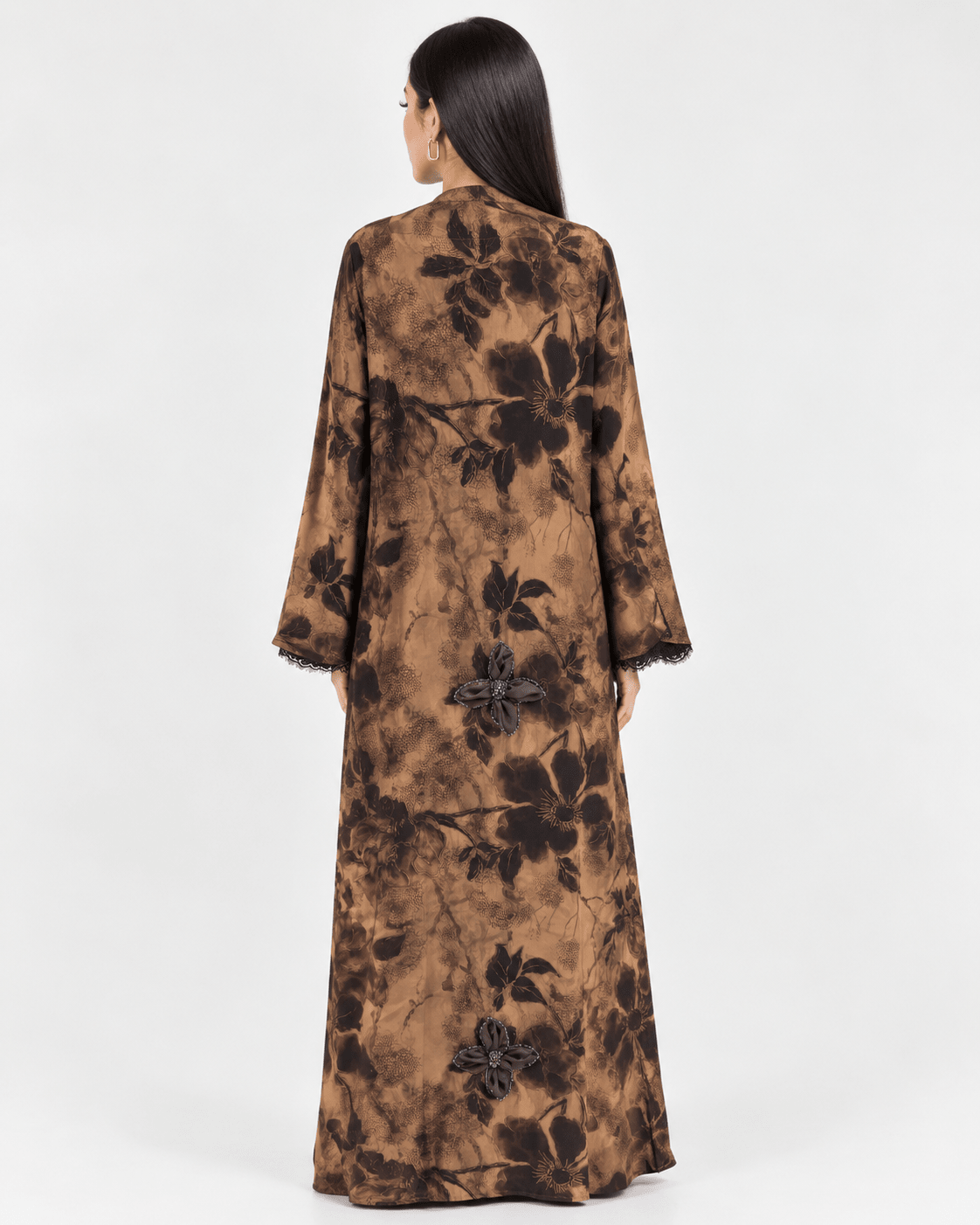R 367 Rich Caramel-Brown Floral Printed Abaya Abaya for Women UAE – Abaya – Rutba Fashion Abaya