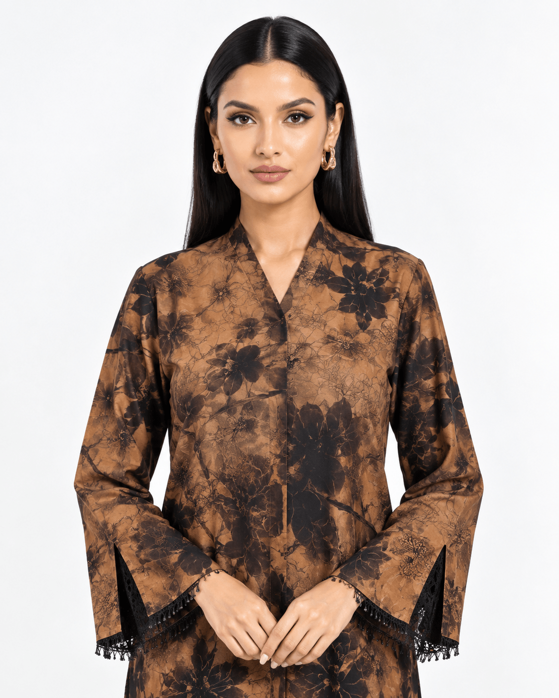 R 367 Rich Caramel-Brown Floral Printed Abaya Abaya for Women UAE – Abaya – Rutba Fashion Abaya