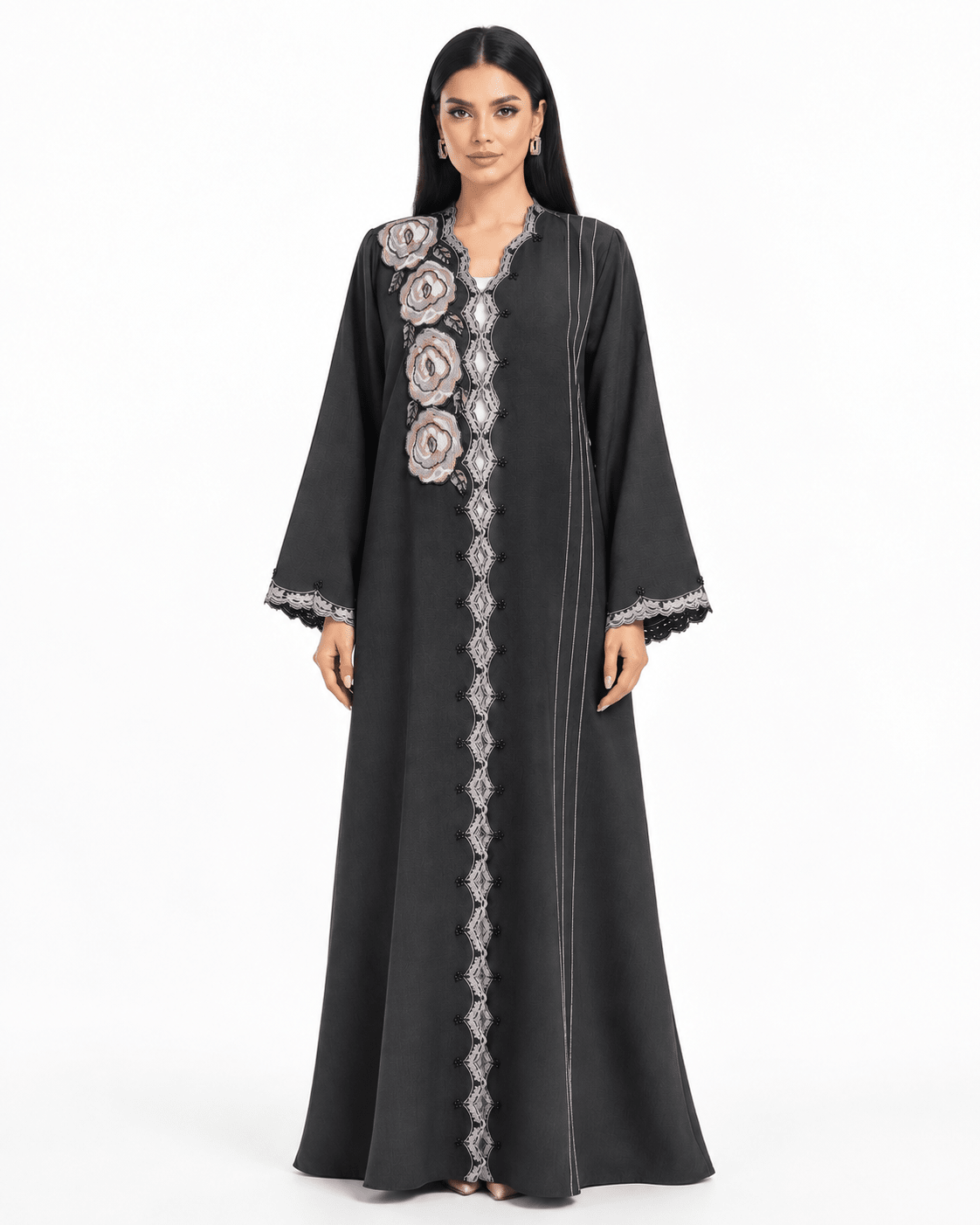 R 371 Charcoal Floral Lace Abaya Abaya for Women UAE – Abaya – Rutba Fashion Abaya