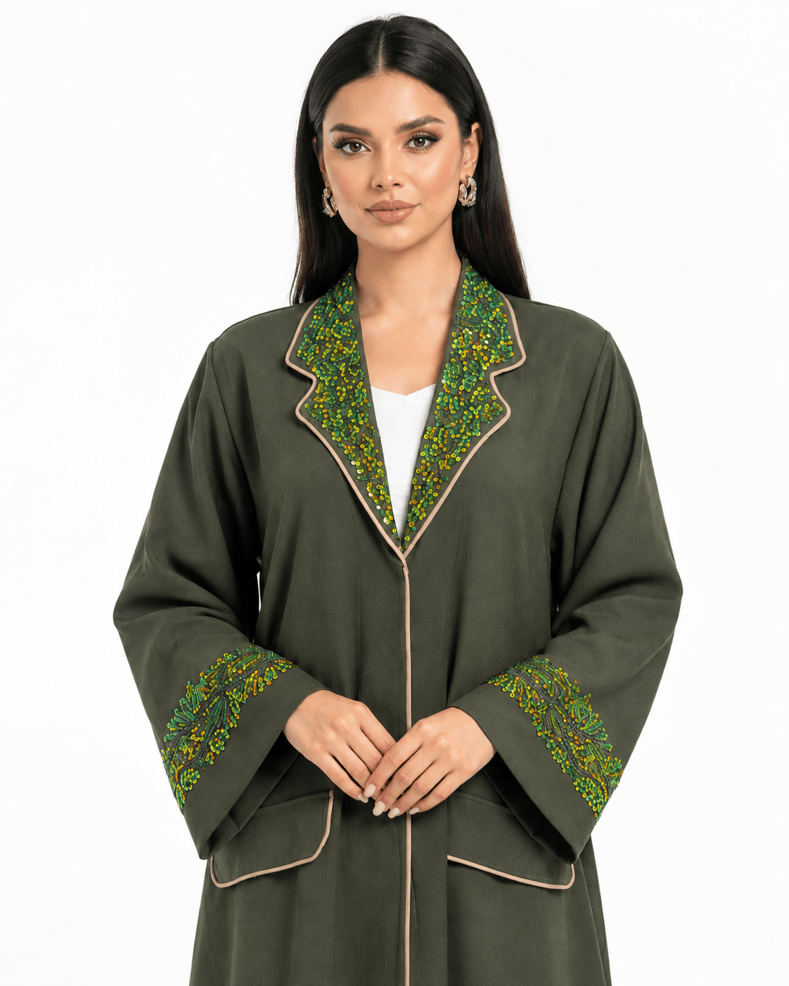 R 387 Olive Green Coat Style Abaya Abaya for Women UAE – Abaya – Rutba Fashion Abaya