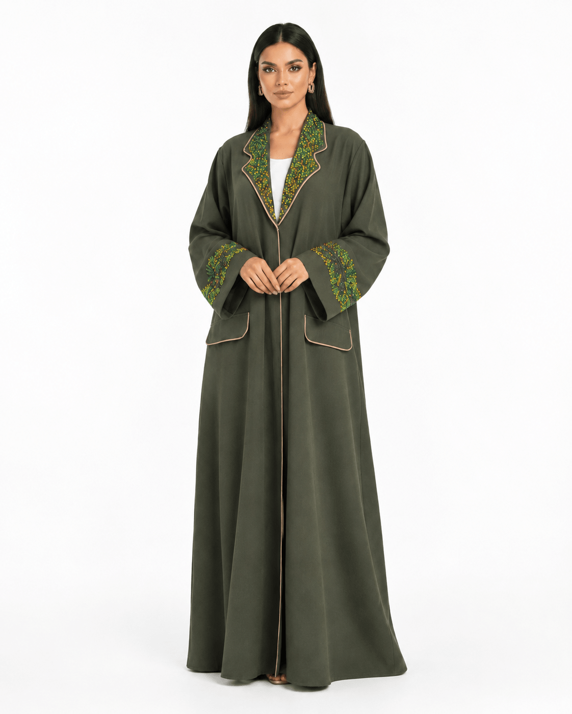 R 387 Olive Green Coat Style Abaya Abaya for Women UAE – Abaya – Rutba Fashion Abaya