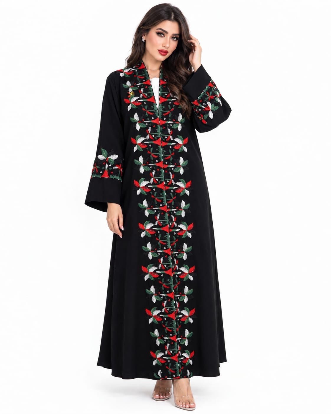 R 391 Black Abaya with UAE Flag-Inspired Embroidery, Beadwork & Sheila Abaya for Women UAE – Abaya – Rutba Fashion Abaya