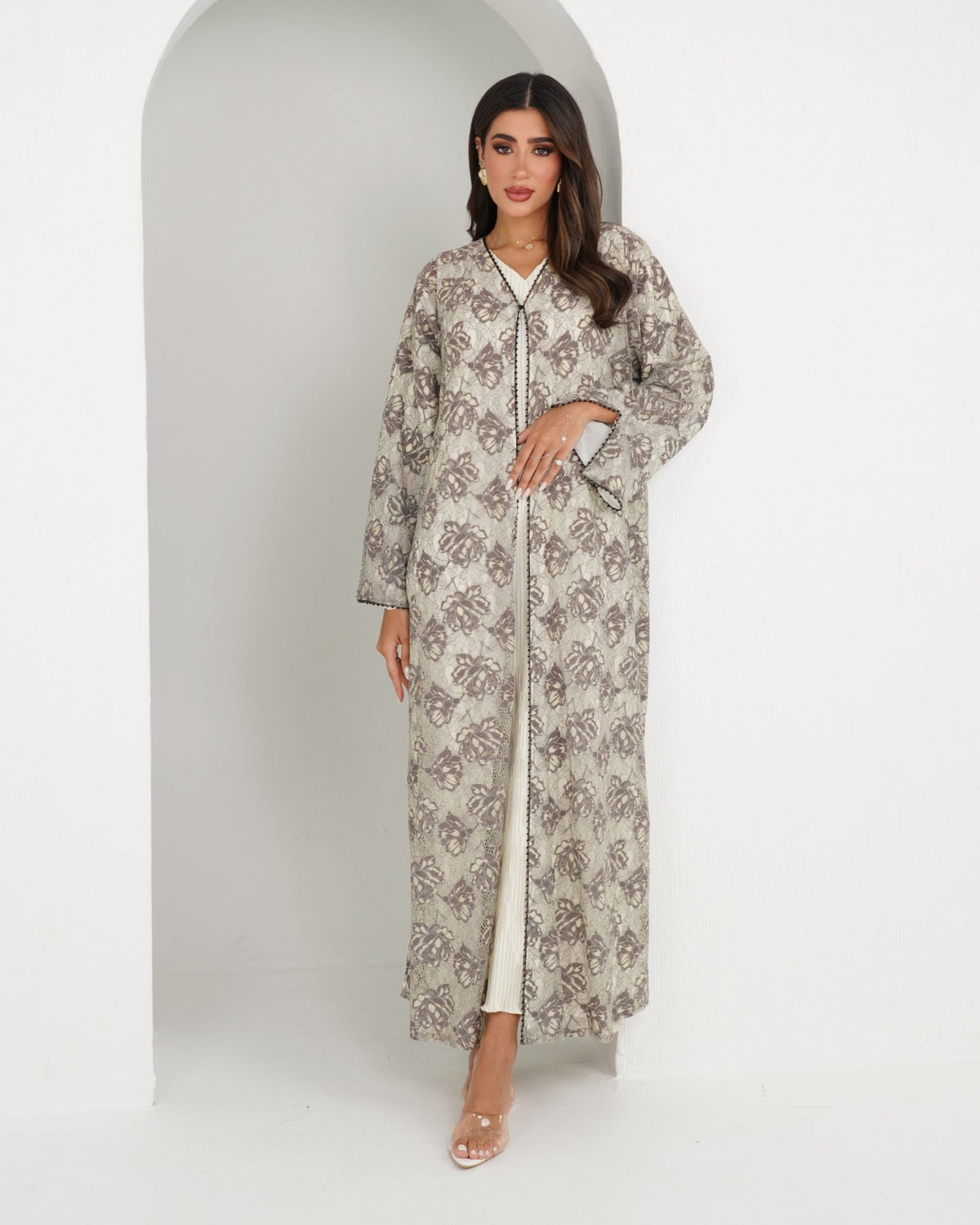 R152 Summer Beige Dantel Abaya Set Abaya for Women UAE – Abaya – Rutba Fashion Abaya