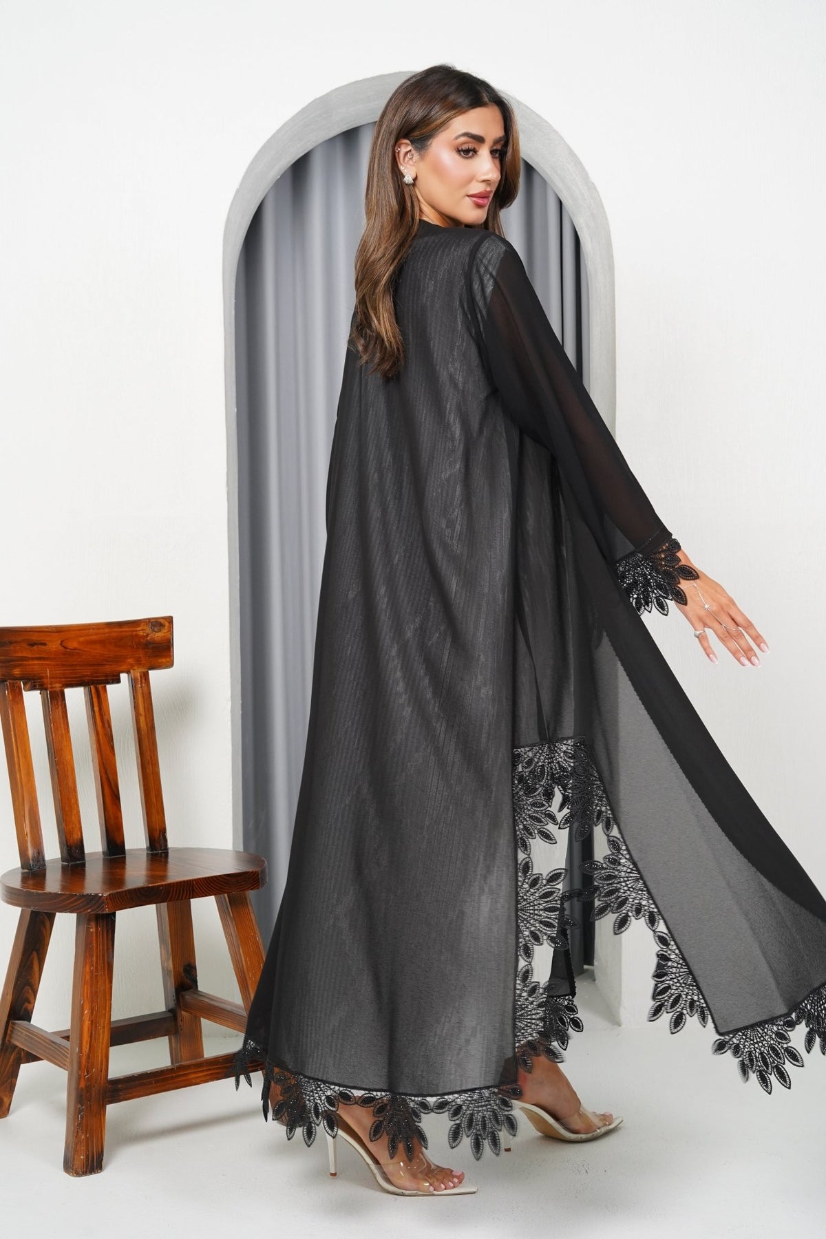 R198 Black Flower Dantil Abaya Set Abaya for Women UAE – Abaya – Rutba Fashion Abaya