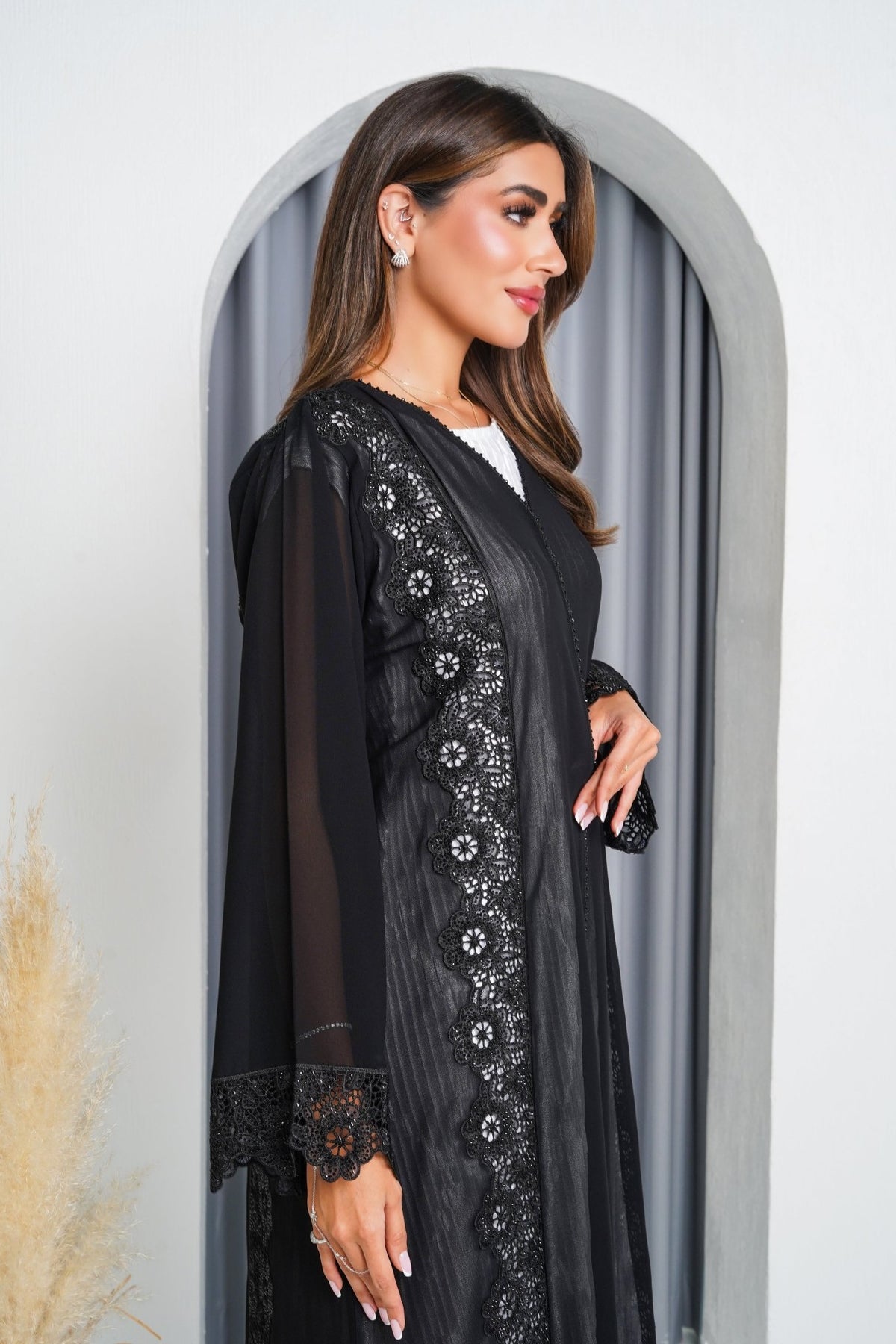 R201 Black Laser Cut Dantil Abaya Set Abaya for Women UAE – Abaya – Rutba Fashion Abaya