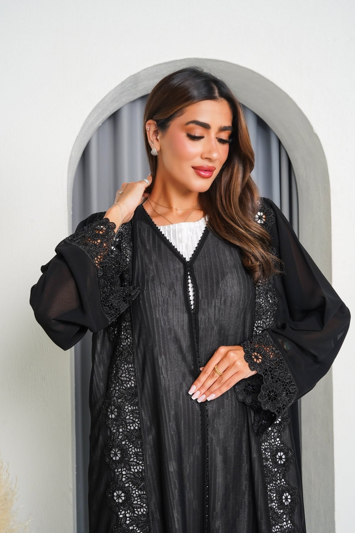 R201 Black Laser Cut Dantil Abaya Set Abaya for Women UAE – Abaya – Rutba Fashion Abaya