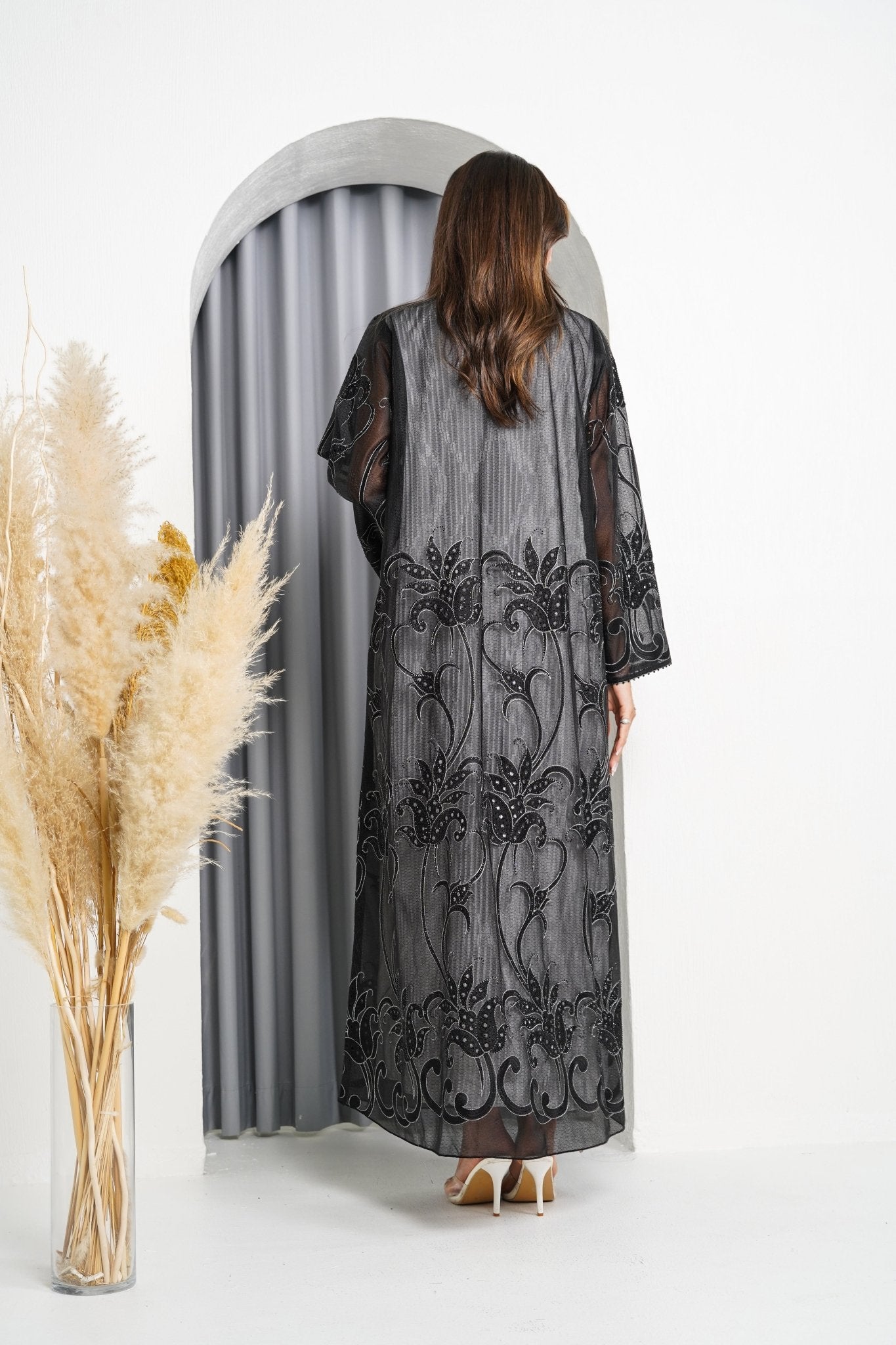 R219 Black elegant Flower Laser Dantil Abaya Set Abaya for Women UAE – Abaya – Rutba Fashion Abaya