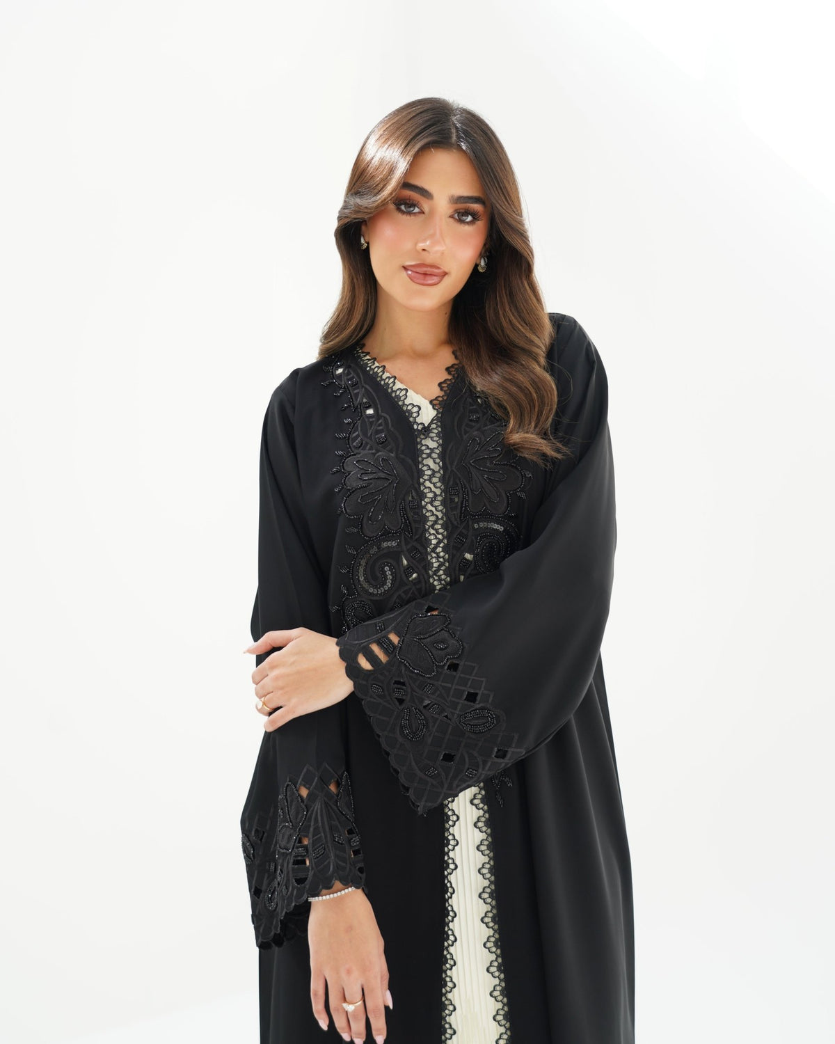 R255 Lazar cut Flower Dantel Black Abaya Abaya for Women UAE – Abaya – Rutba Fashion Abaya