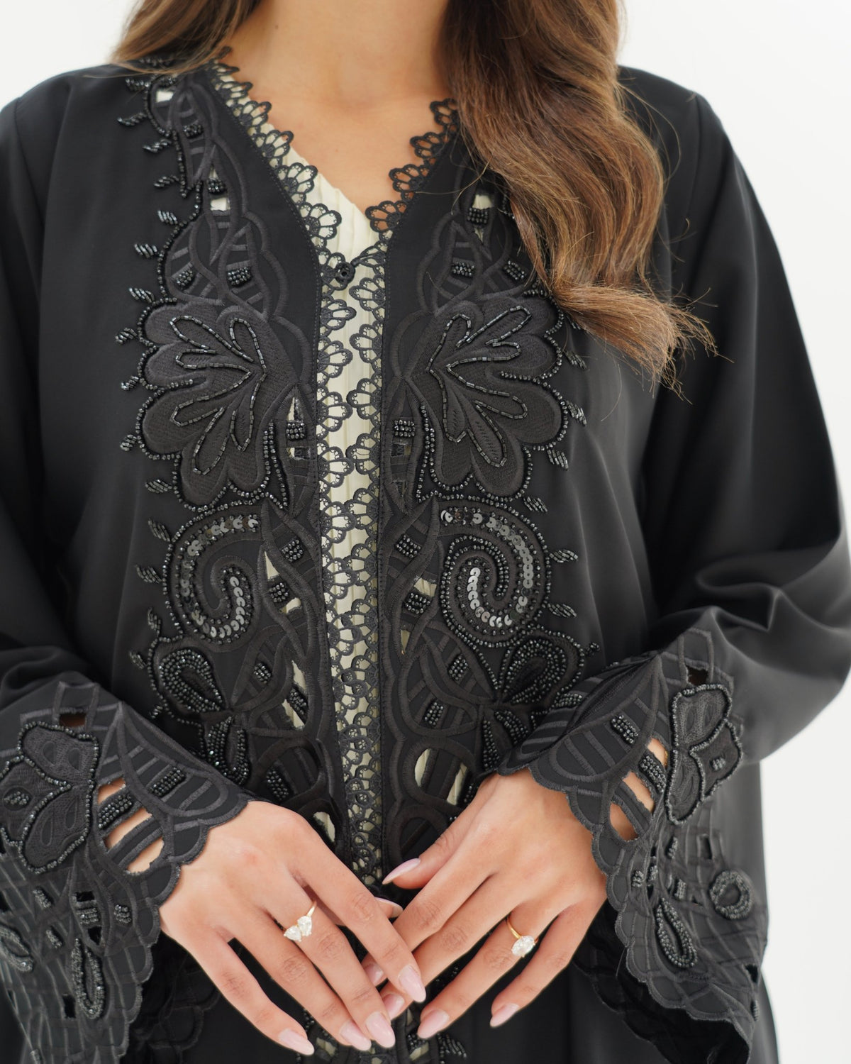 R255 Lazar cut Flower Dantel Black Abaya Abaya for Women UAE – Abaya – Rutba Fashion Abaya