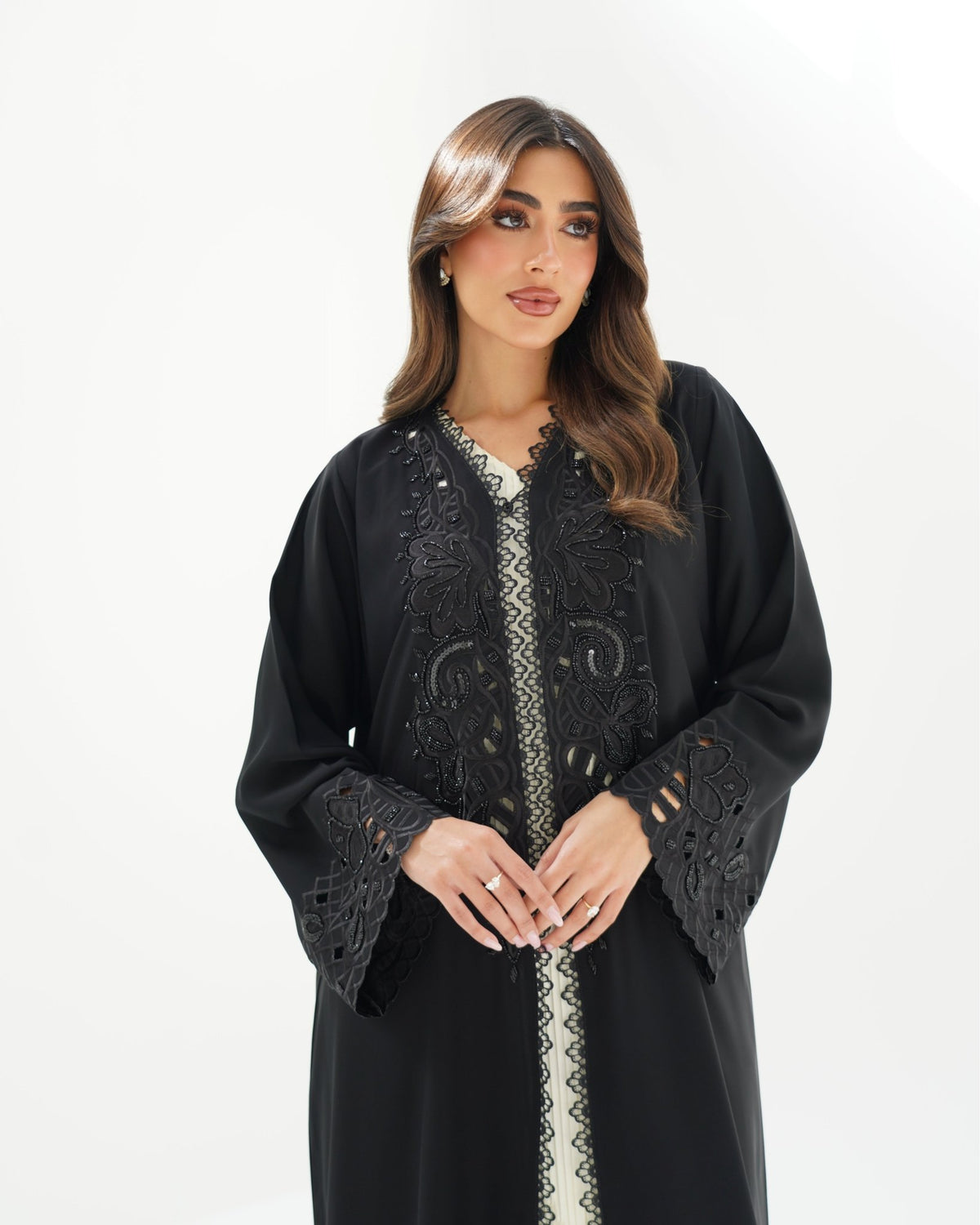 R255 Lazar cut Flower Dantel Black Abaya Abaya for Women UAE – Abaya – Rutba Fashion Abaya